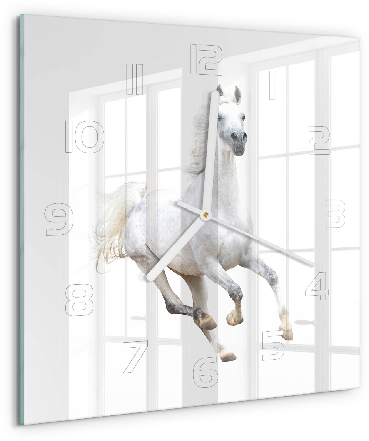 Tulup Wandklok - Wit Arabisch paard Wandklok Glas Met Motief - 30x30 cm - Wit Decoratieve Glazen Klok - Witte handen - Vierkante Klok - Gekleurde Glazen Klok - Glazen Klok Met Print