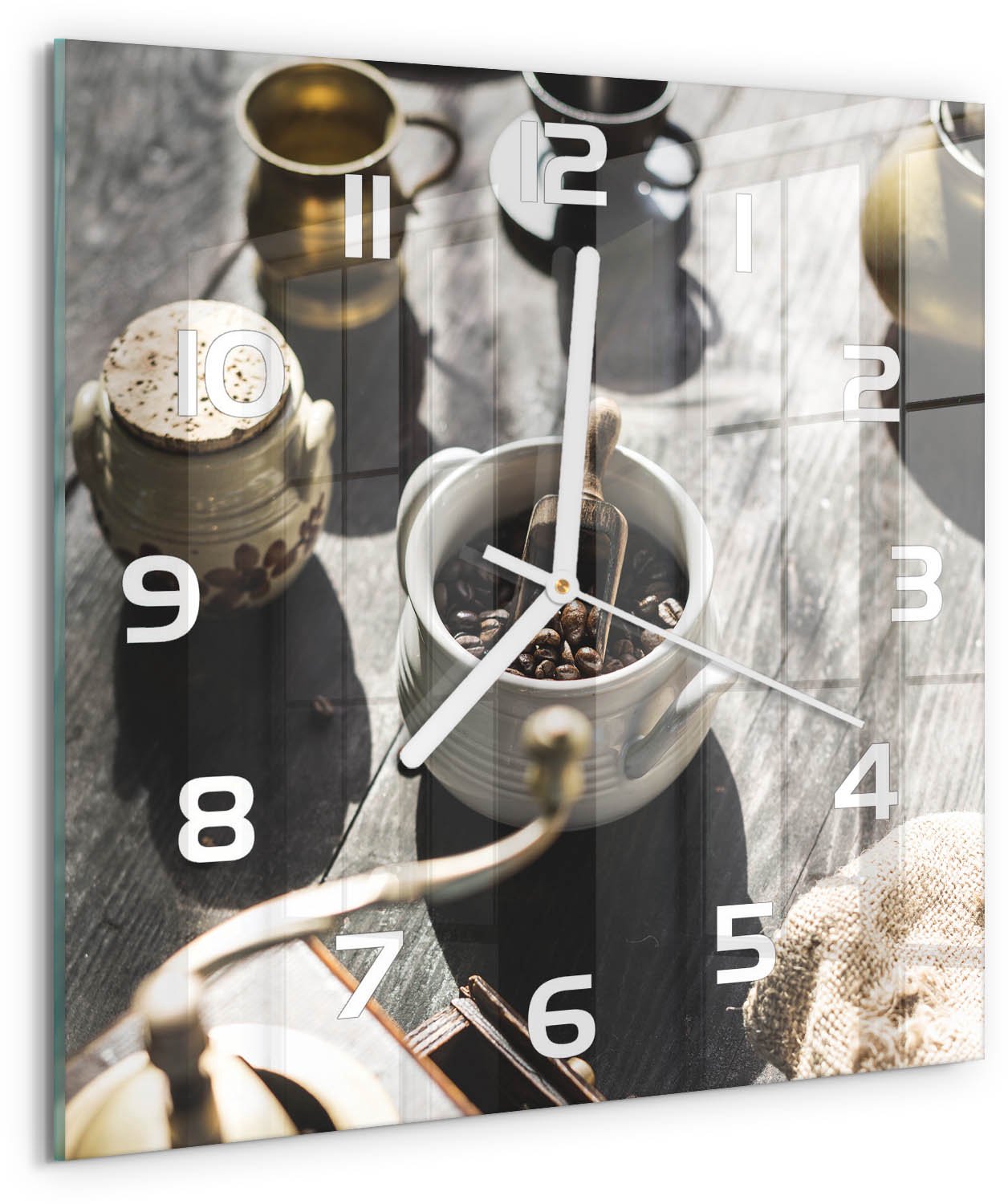 TULUP Wandklok - Koffiemolen Wandklok Glas Decoratie - 30x30 cm - Bruin Gekleurde Glazen Klok - Witte handen - Vierkante Klok - Klok Glas Met Opdruk - Moderne Wandklok Glas