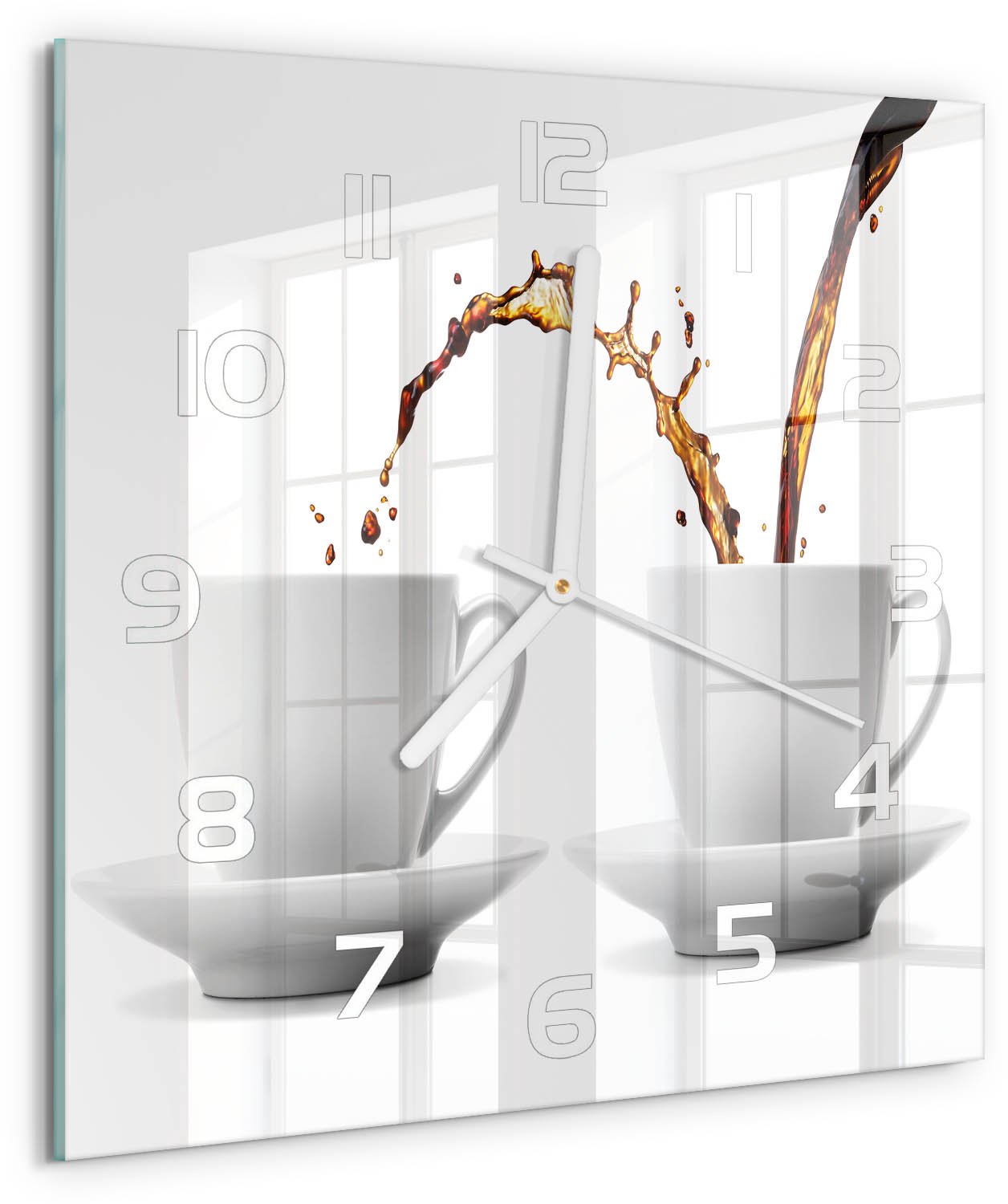 Tulup Wandklok - Lekkende koffie Moderne Wandklok Glas - 30x30 cm - Bruin Wandklok Glas Decoratie - Witte handen - Vierkante Klok - Glazen Wandklok Design - Klok Glas Met Opdruk