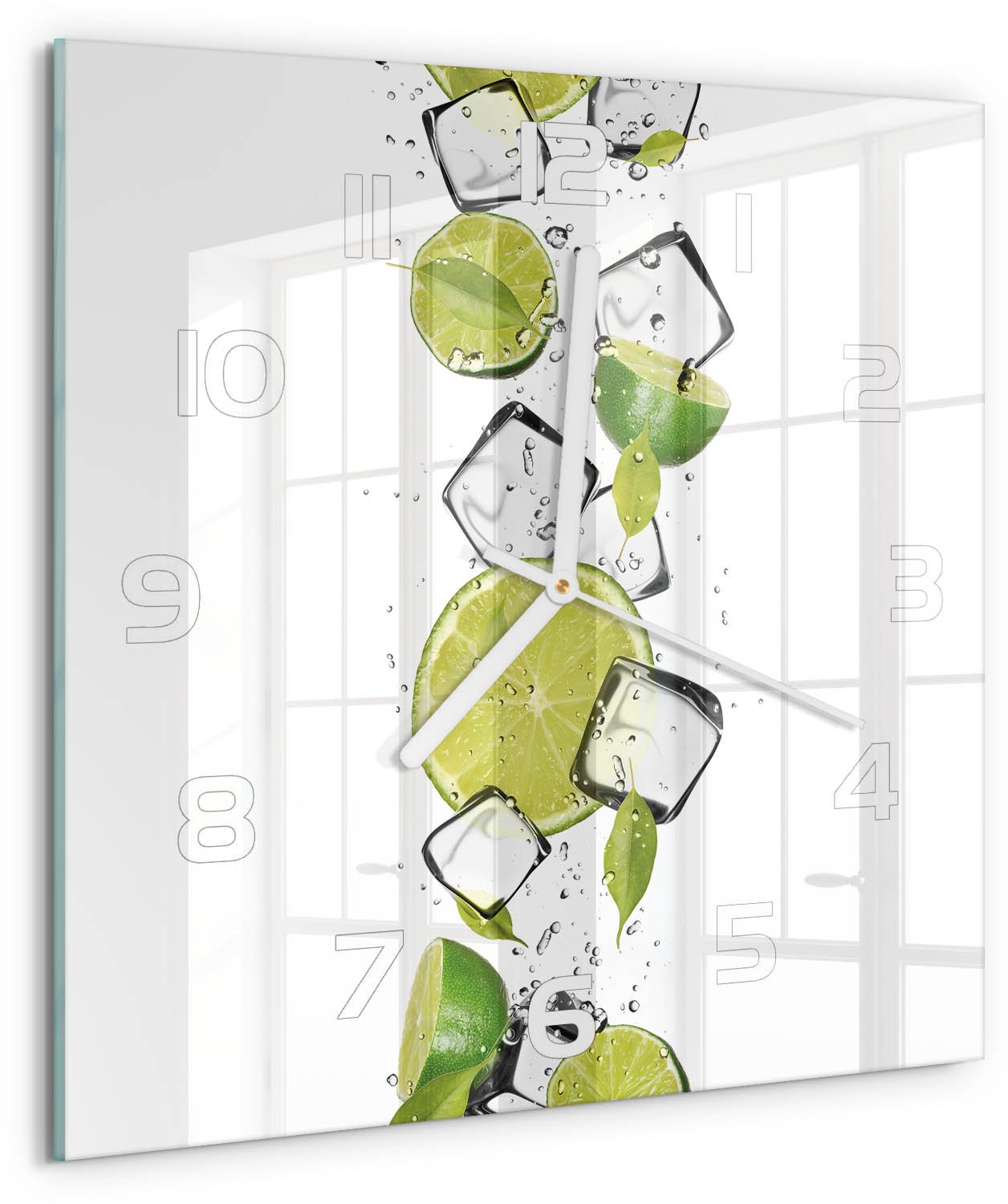 Tulup Wandklok - Limoen met ijs Wandklok Glas Decoratie - 30x30 cm - Groente Gekleurde Glazen Klok - Witte handen - Vierkante Klok - Klok Glas Met Opdruk - Moderne Wandklok Glas