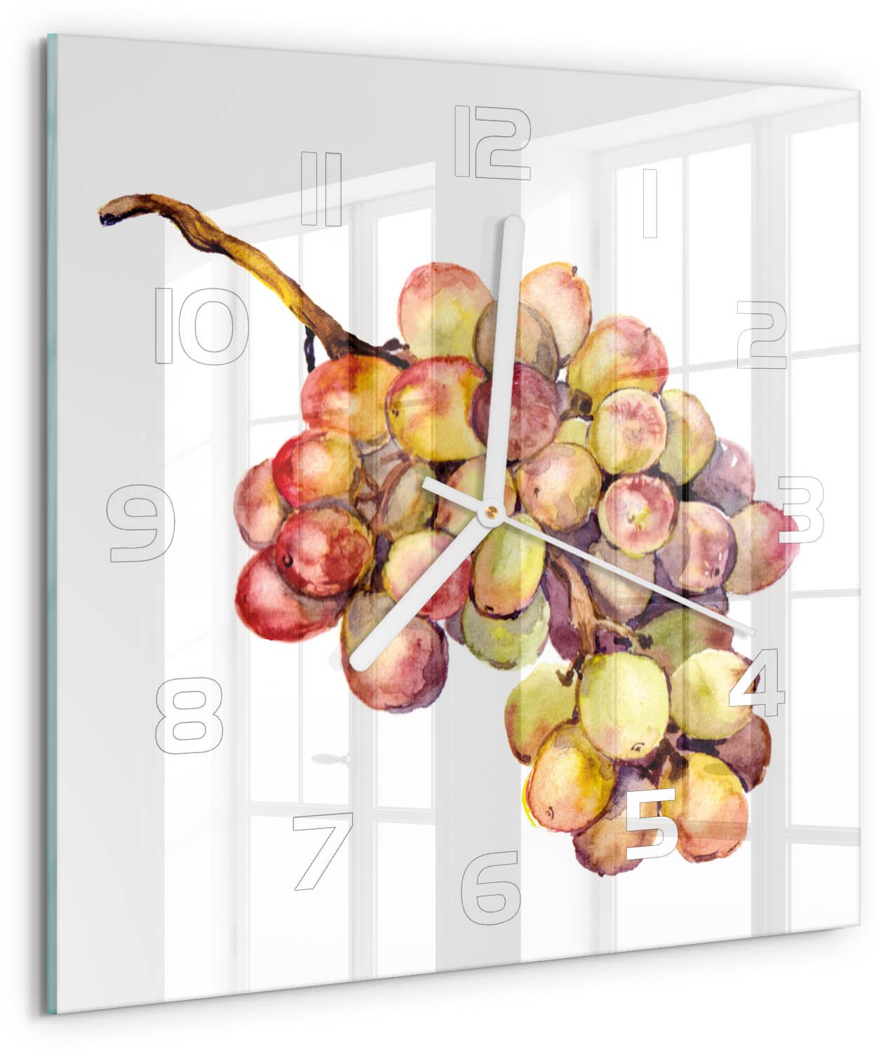 Tulup Wandklok - Druif Wandklok Glas Decoratie - 30x30 cm - Groente Gekleurde Glazen Klok - Witte handen - Vierkante Klok - Klok Glas Met Opdruk - Moderne Wandklok Glas