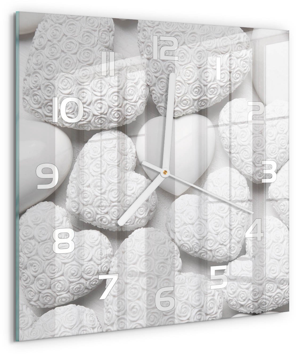 Tulup Wandklok - Witte achtergrond met hartjes Wandklok Glas Decoratie - 30x30 cm - Wit Gekleurde Glazen Klok - Witte handen - Vierkante Klok - Klok Glas Met Opdruk - Moderne Wandklok Glas