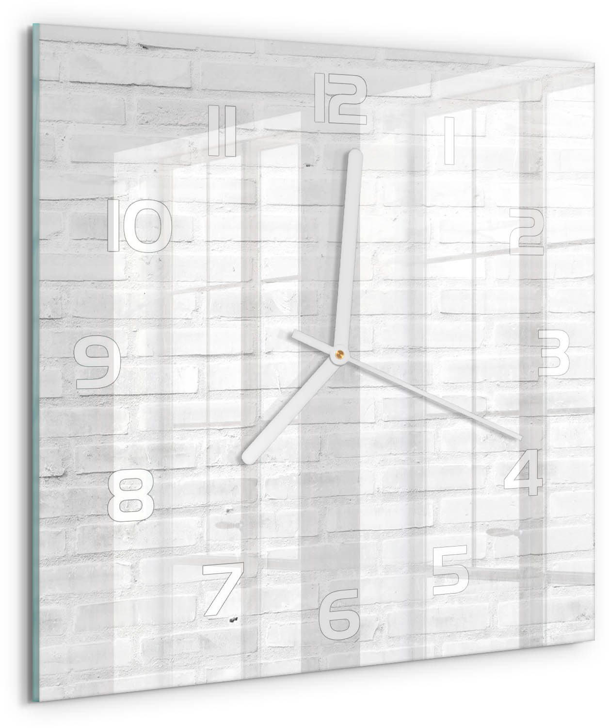 Tulup Wandklok - Bakstenen muur Decoratieve Glazen Klok - 30x30 cm - Wit Glazen Wandklok Design - Witte handen - Vierkante Klok - Glazen Klok Met Print - Wandklok Glas Met Motief