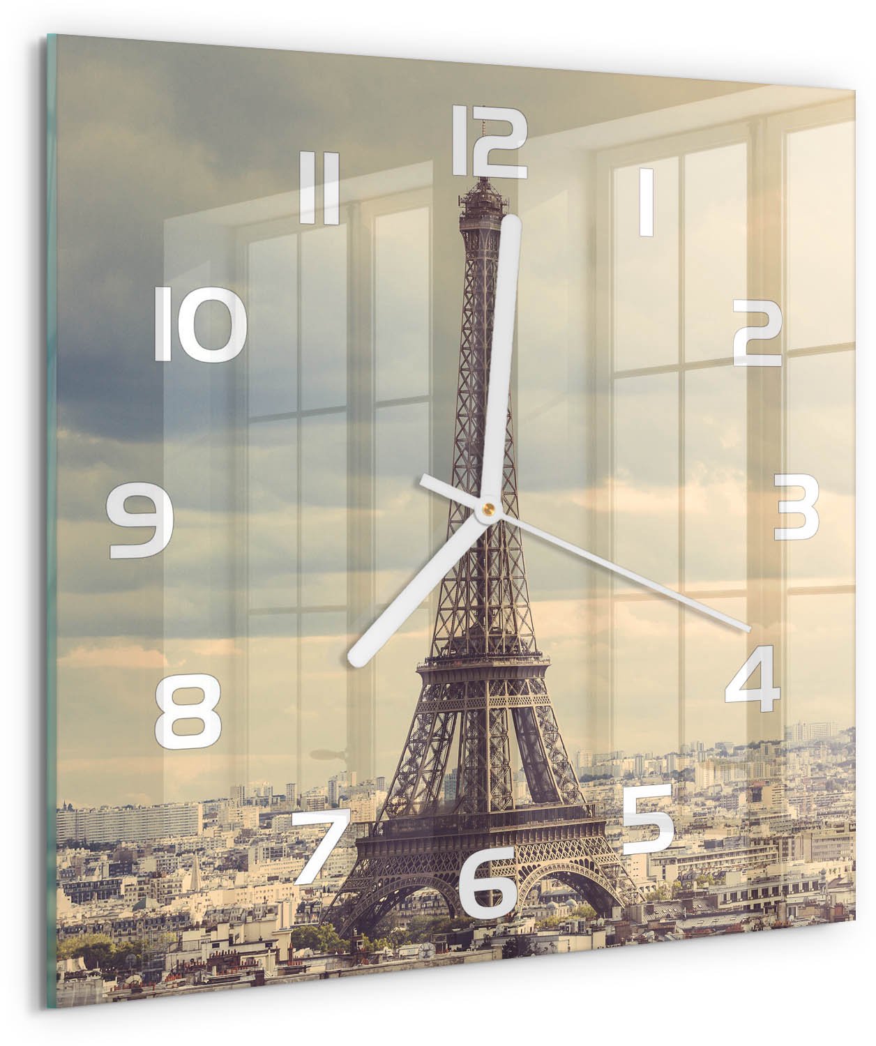 TULUP Wandklok - Eiffeltoren Parijs Wandklok Glas Met Motief - 30x30 cm - Beige Decoratieve Glazen Klok - Witte handen - Vierkante Klok - Gekleurde Glazen Klok - Glazen Klok Met Print