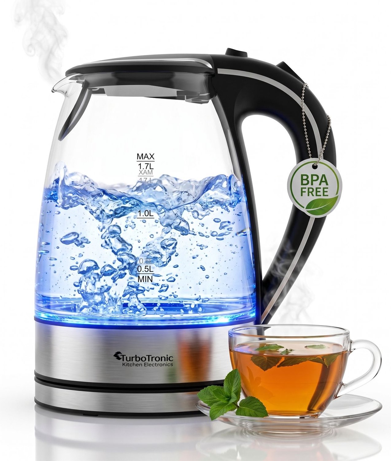 TurboTronic Glazen Waterkoker 1,7L – 2200W – LED Verlichting – Automatische Uitschakeling – Elektrische Waterkoker