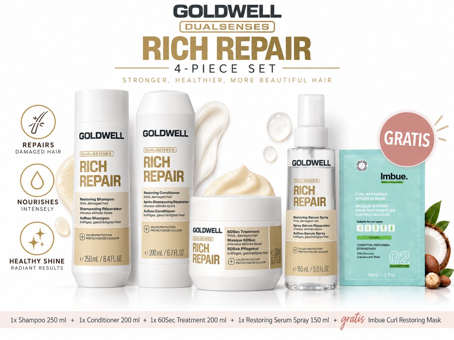 Goldwell Dualsenses Rich Repair Shampoo, Conditioner, 60Sec Treatment & Serum Spray + Gratis Imbue Masker