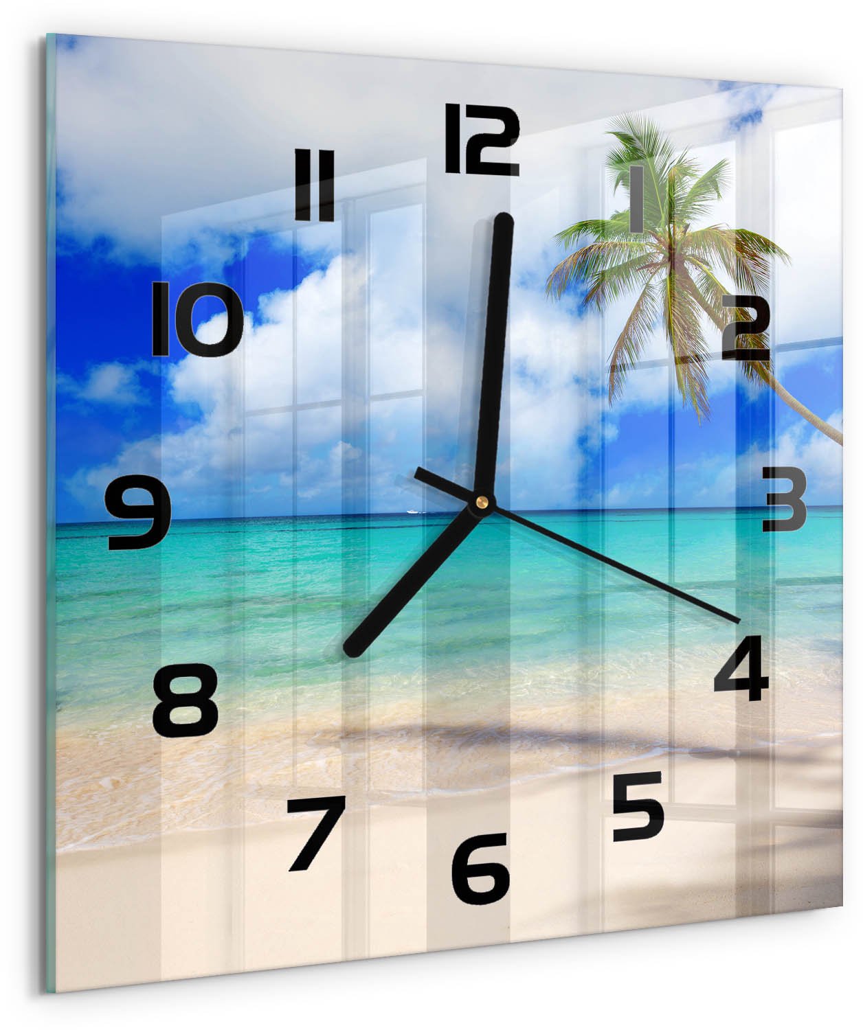 Tulup Wandklok - Caribisch strand Decoratieve Glazen Klok - 30x30 cm - Blauw Glazen Wandklok Design - Zwarte handen - Vierkante Klok - Glazen Klok Met Print - Wandklok Glas Met Motief
