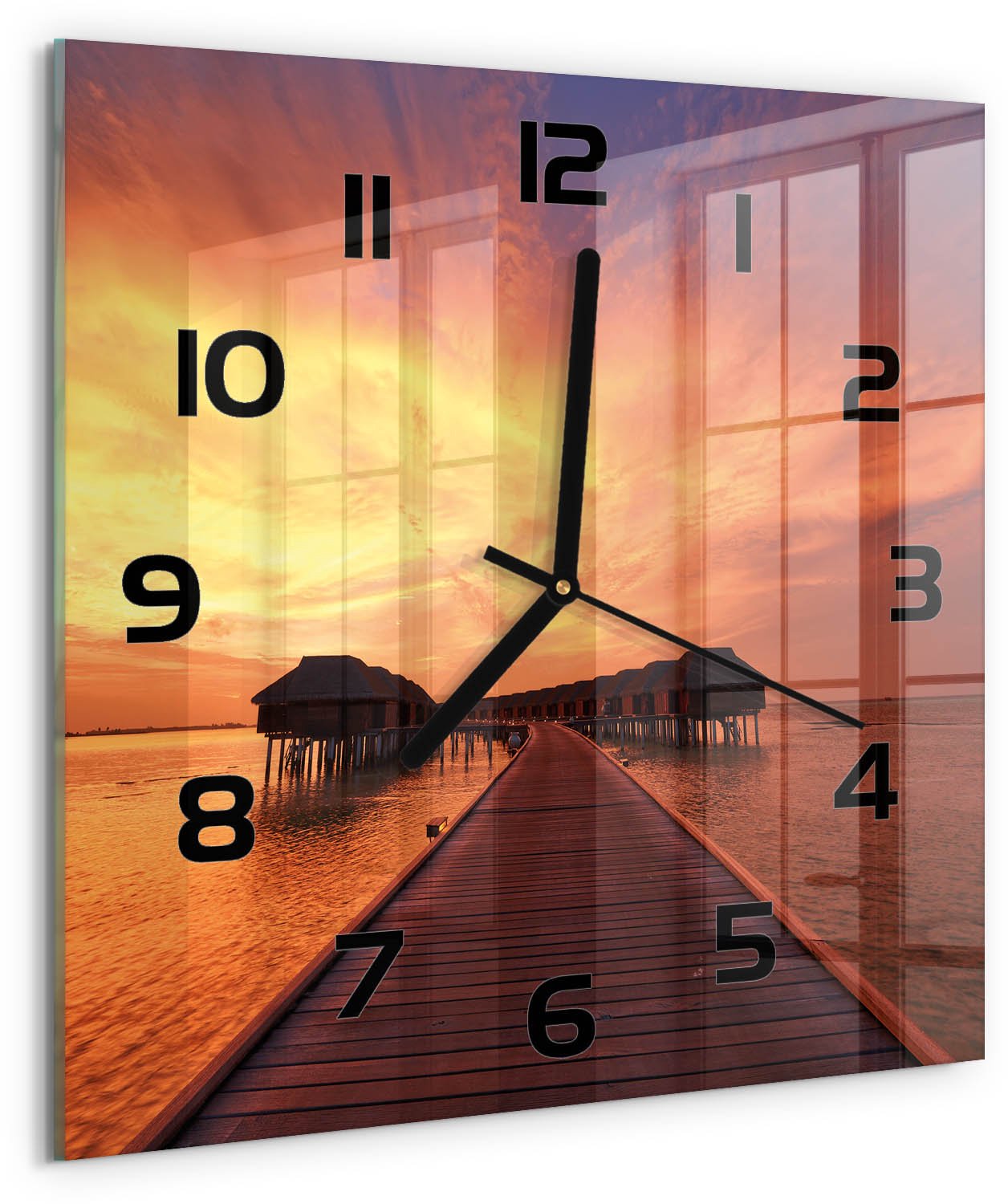 TULUP Wandklok - Bungalows op de Malediven Moderne Wandklok Glas - 30x30 cm - Oranje Wandklok Glas Decoratie - Zwarte handen - Vierkante Klok - Glazen Wandklok Design - Klok Glas Met Opdruk