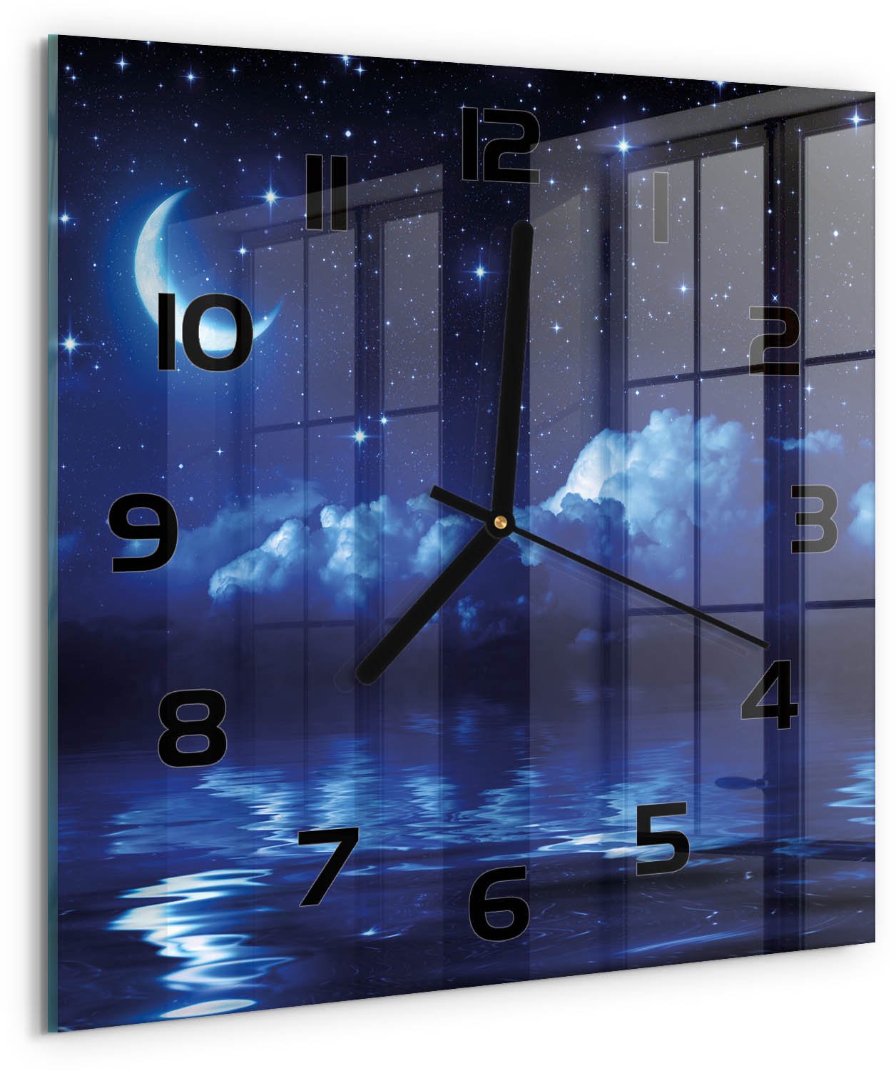 Tulup Wandklok - De nachtelijke hemel Glazen Klok Met Print - 30x30 cm - Blauw Wandklok Glas Met Motief - Zwarte handen - Vierkante Klok - Wandklok Glas Decoratie - Gekleurde Glazen Klok