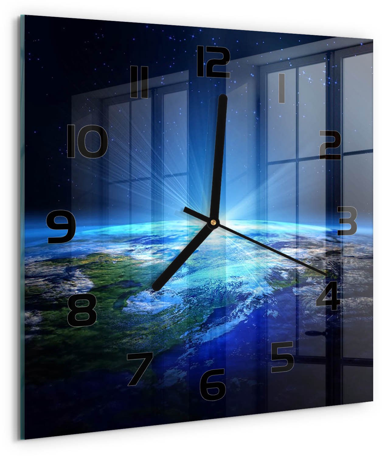 Tulup Wandklok - Planeet Aarde Klok Glas Met Opdruk - 30x30 cm - Blauw Moderne Wandklok Glas - Zwarte handen - Vierkante Klok - Decoratieve Glazen Klok - Glazen Wandklok Design