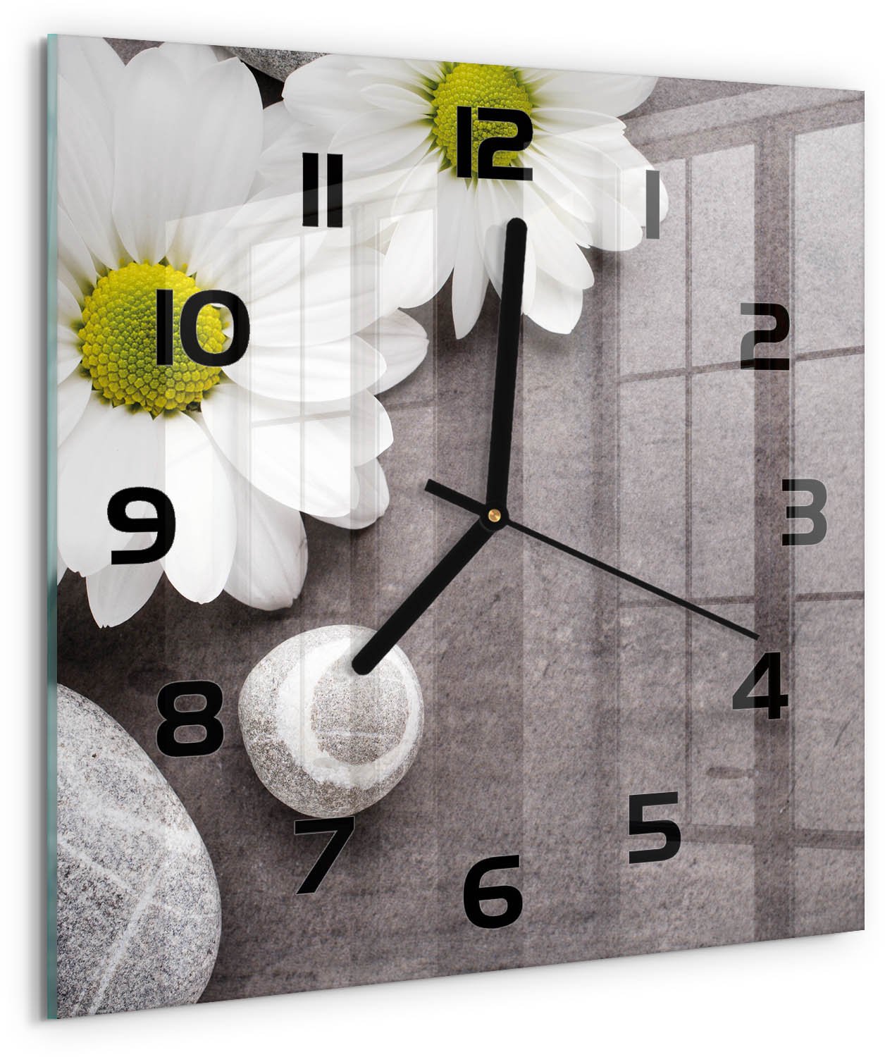TULUP Wandklok - Gerbera bloem Klok Glas Met Opdruk - 30x30 cm - Wit Moderne Wandklok Glas - Zwarte handen - Vierkante Klok - Decoratieve Glazen Klok - Glazen Wandklok Design