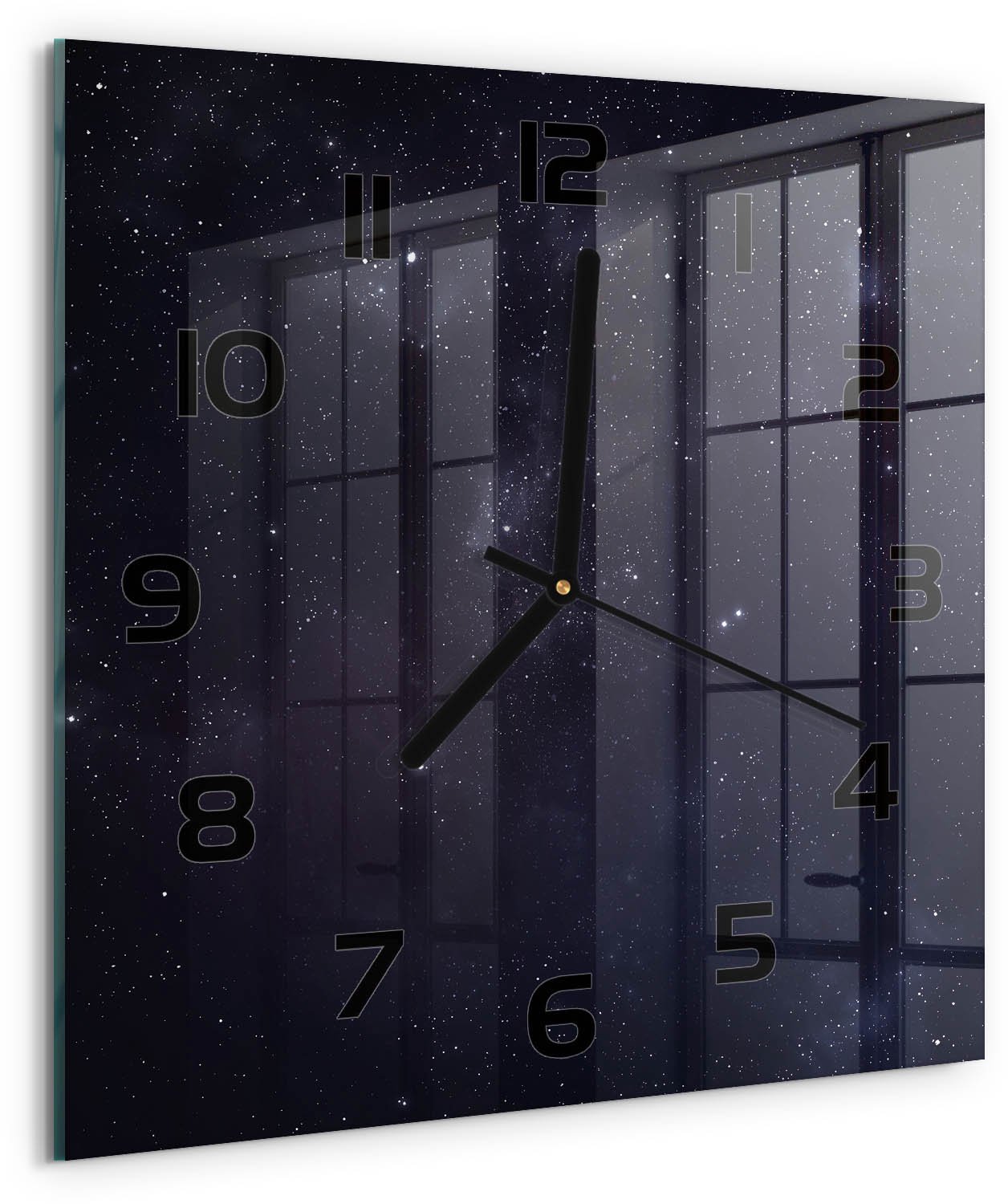 Tulup Wandklok - Sterrenbeeld Moderne Wandklok Glas - 30x30 cm - Zwart Wandklok Glas Decoratie - Zwarte handen - Vierkante Klok - Glazen Wandklok Design - Klok Glas Met Opdruk