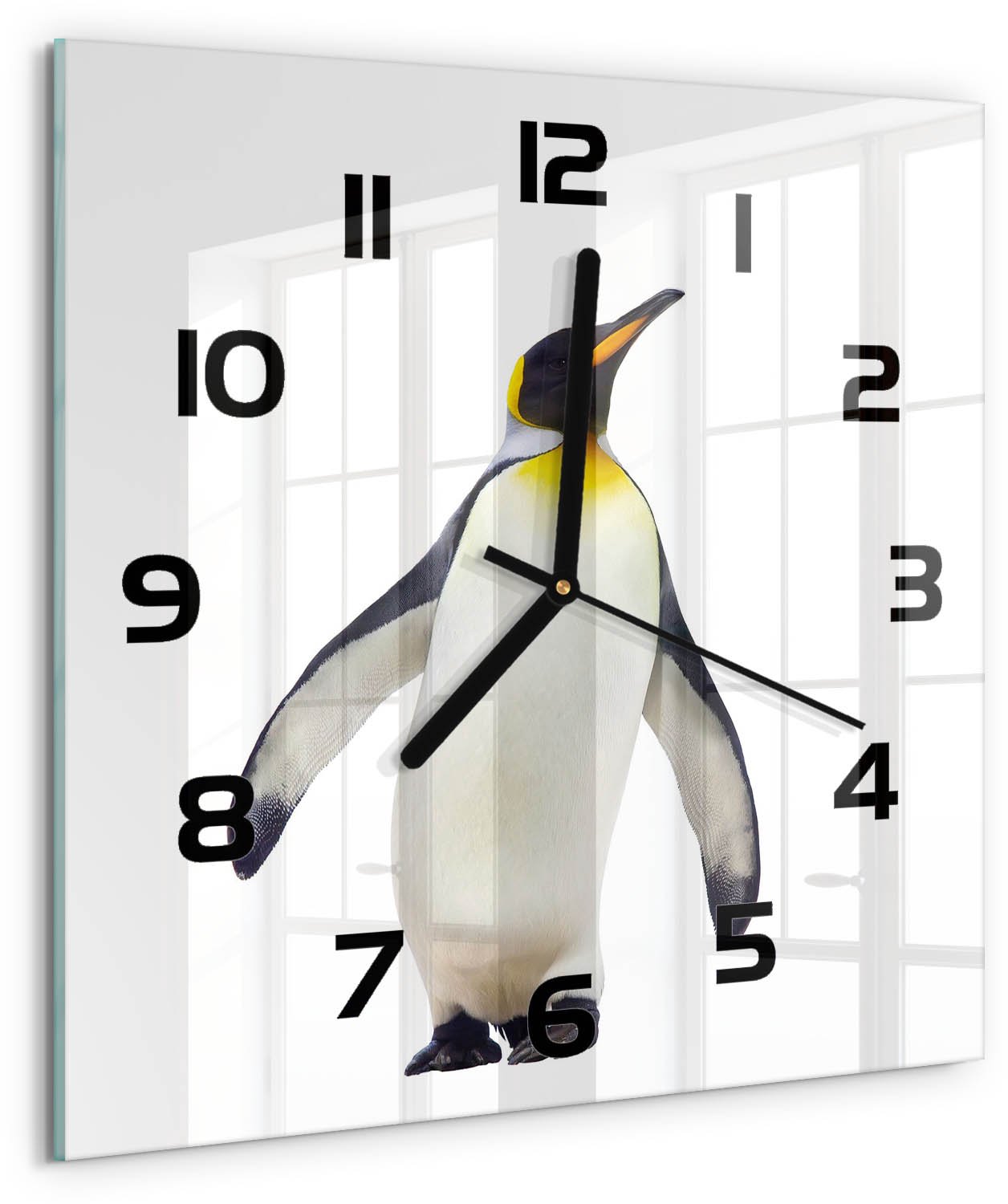 TULUP Wandklok - Pinguïn Gekleurde Glazen Klok - 30x30 cm - Wit Glazen Klok Met Print - Zwarte handen - Vierkante Klok - Moderne Wandklok Glas - Wandklok Glas Decoratie