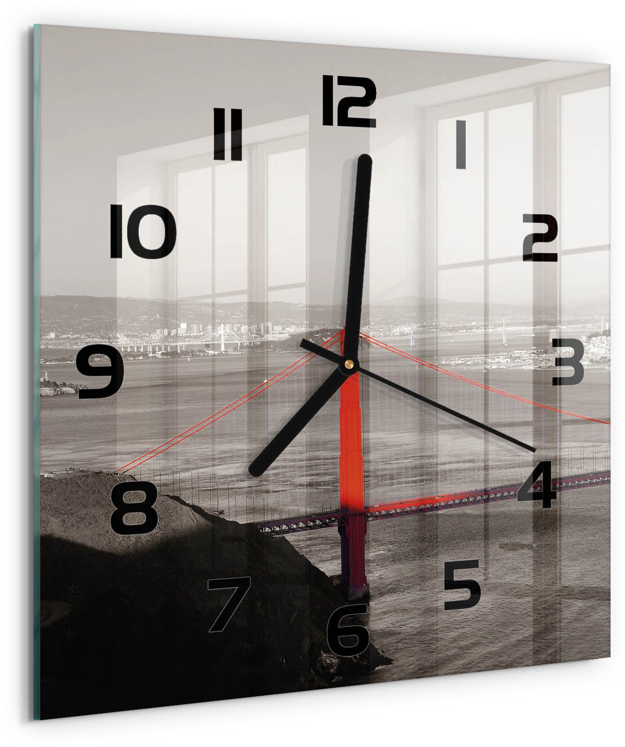 Tulup Wandklok - San Francisco-brug Gekleurde Glazen Klok - 30x30 cm - Rood Glazen Klok Met Print - Zwarte handen - Vierkante Klok - Moderne Wandklok Glas - Wandklok Glas Decoratie