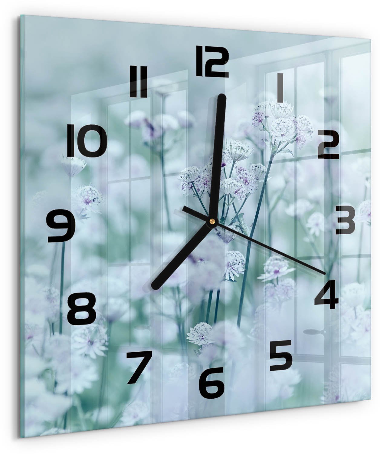 TULUP Wandklok - Grote garenkruid Wandklok Glas Met Motief - 30x30 cm - Wit Decoratieve Glazen Klok - Zwarte handen - Vierkante Klok - Gekleurde Glazen Klok - Glazen Klok Met Print