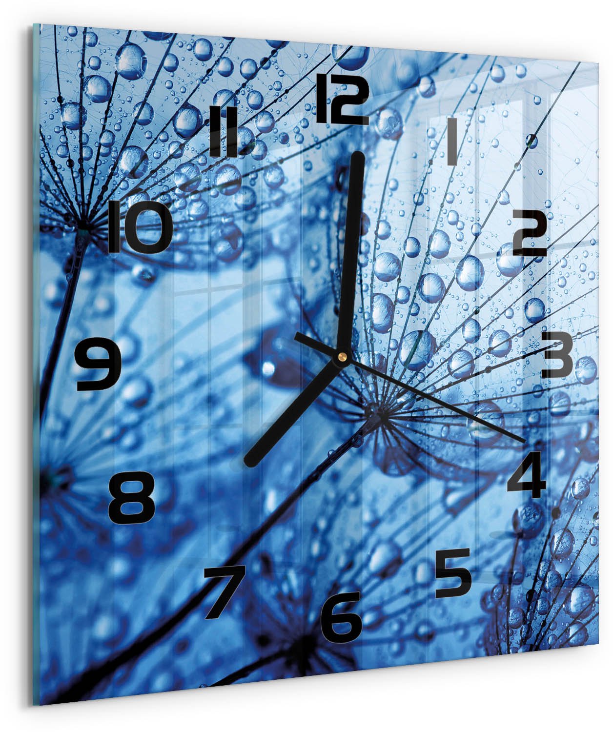 TULUP Wandklok - Paardenbloemzaden Wandklok Glas Met Motief - 30x30 cm - Blauw Decoratieve Glazen Klok - Zwarte handen - Vierkante Klok - Gekleurde Glazen Klok - Glazen Klok Met Print