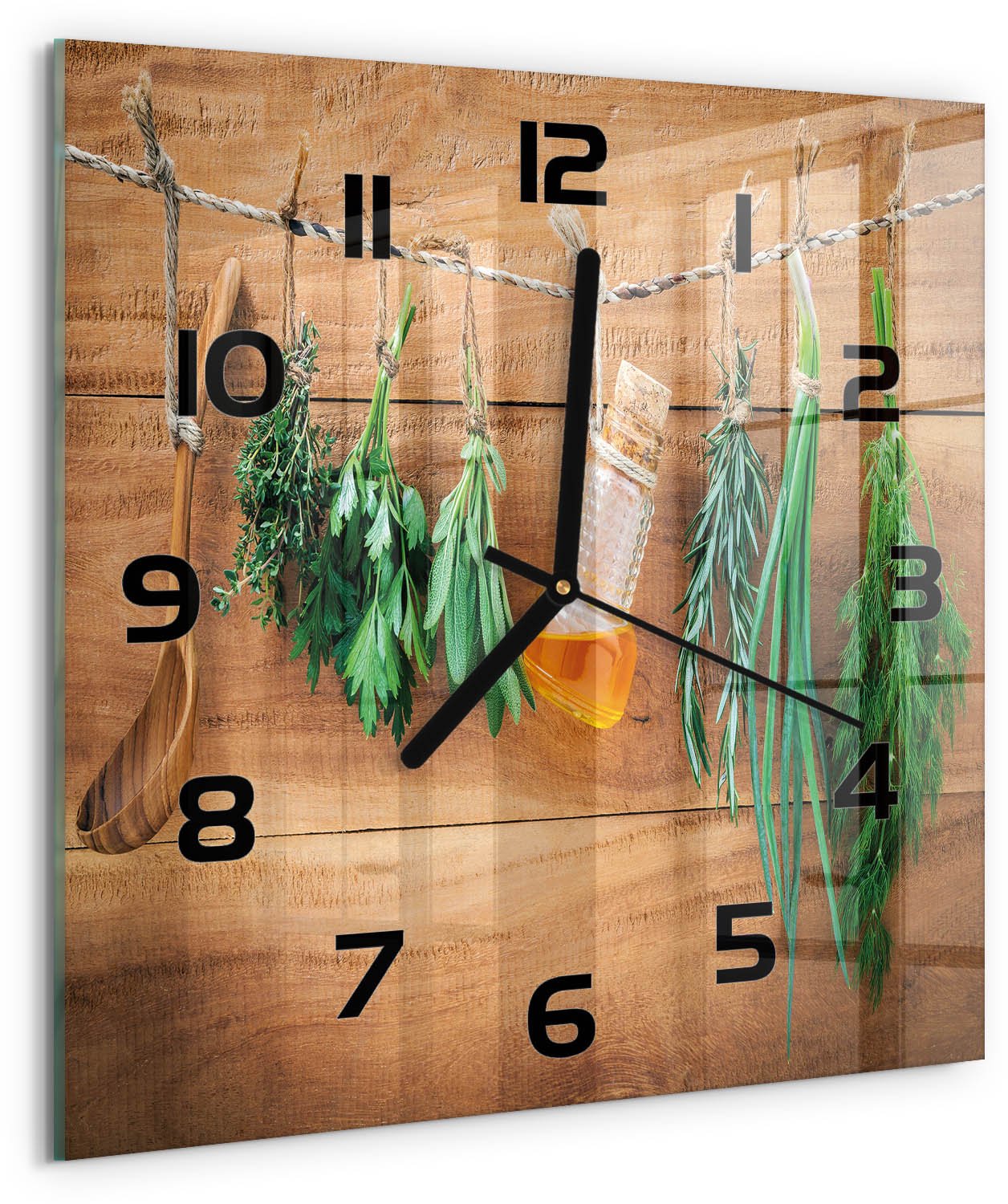 TULUP Wandklok - Kruiden aan een touwtje Glazen Wandklok Design - 30x30 cm - Groente Klok Glas Met Opdruk - Zwarte handen - Vierkante Klok - Wandklok Glas Met Motief - Decoratieve Glazen Klok