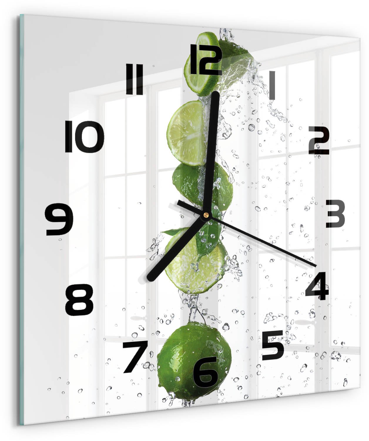 Tulup Wandklok - Kalk en water Decoratieve Glazen Klok - 30x30 cm - Groente Glazen Wandklok Design - Zwarte handen - Vierkante Klok - Glazen Klok Met Print - Wandklok Glas Met Motief