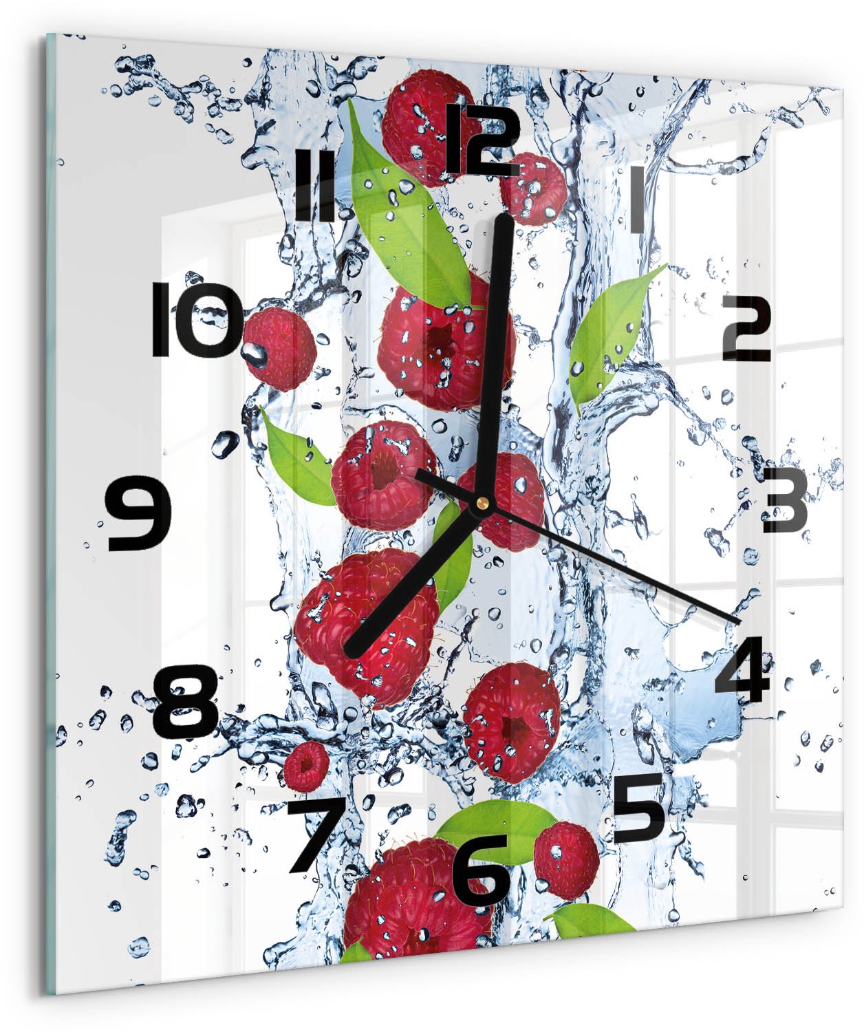 TULUP Wandklok - Frambozen en water Wandklok Glas Decoratie - 30x30 cm - Rood Gekleurde Glazen Klok - Zwarte handen - Vierkante Klok - Klok Glas Met Opdruk - Moderne Wandklok Glas