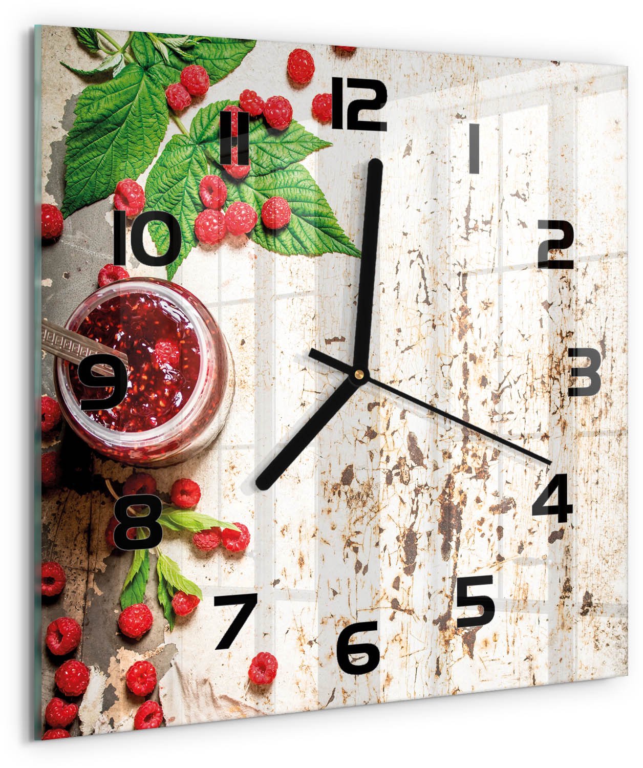 TULUP Wandklok - Frambozenjam Moderne Wandklok Glas - 30x30 cm - Rood Wandklok Glas Decoratie - Zwarte handen - Vierkante Klok - Glazen Wandklok Design - Klok Glas Met Opdruk
