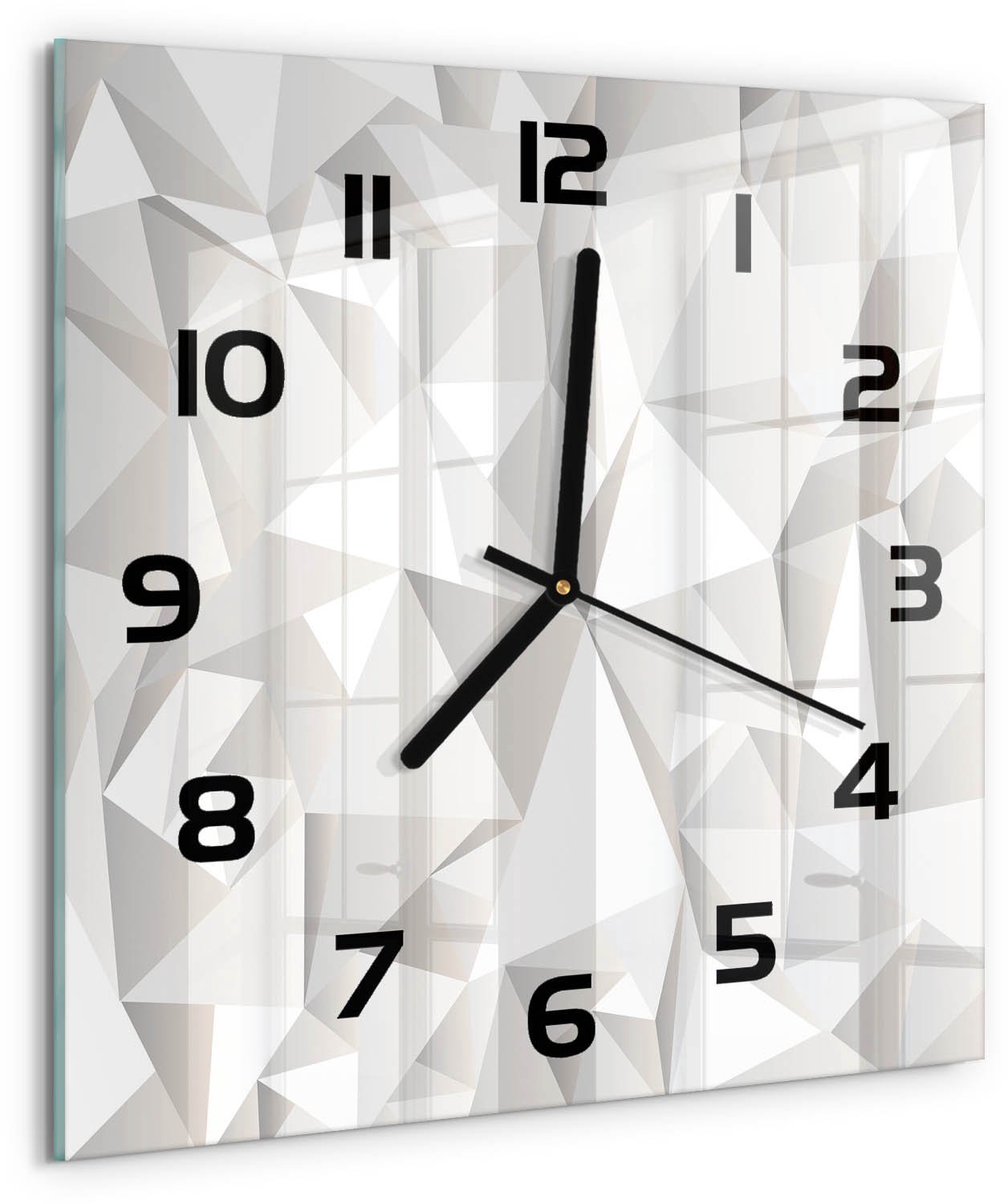 TULUP Wandklok - Abstracte achtergrond Moderne Wandklok Glas - 30x30 cm - Wit Wandklok Glas Decoratie - Zwarte handen - Vierkante Klok - Glazen Wandklok Design - Klok Glas Met Opdruk