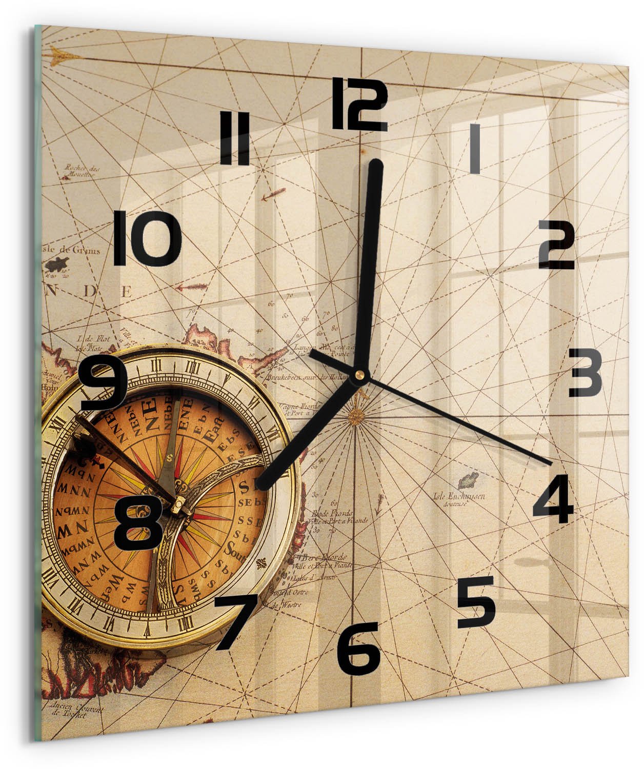 TULUP Wandklok - Kompas op de kaart Moderne Wandklok Glas - 30x30 cm - Beige Wandklok Glas Decoratie - Zwarte handen - Vierkante Klok - Glazen Wandklok Design - Klok Glas Met Opdruk