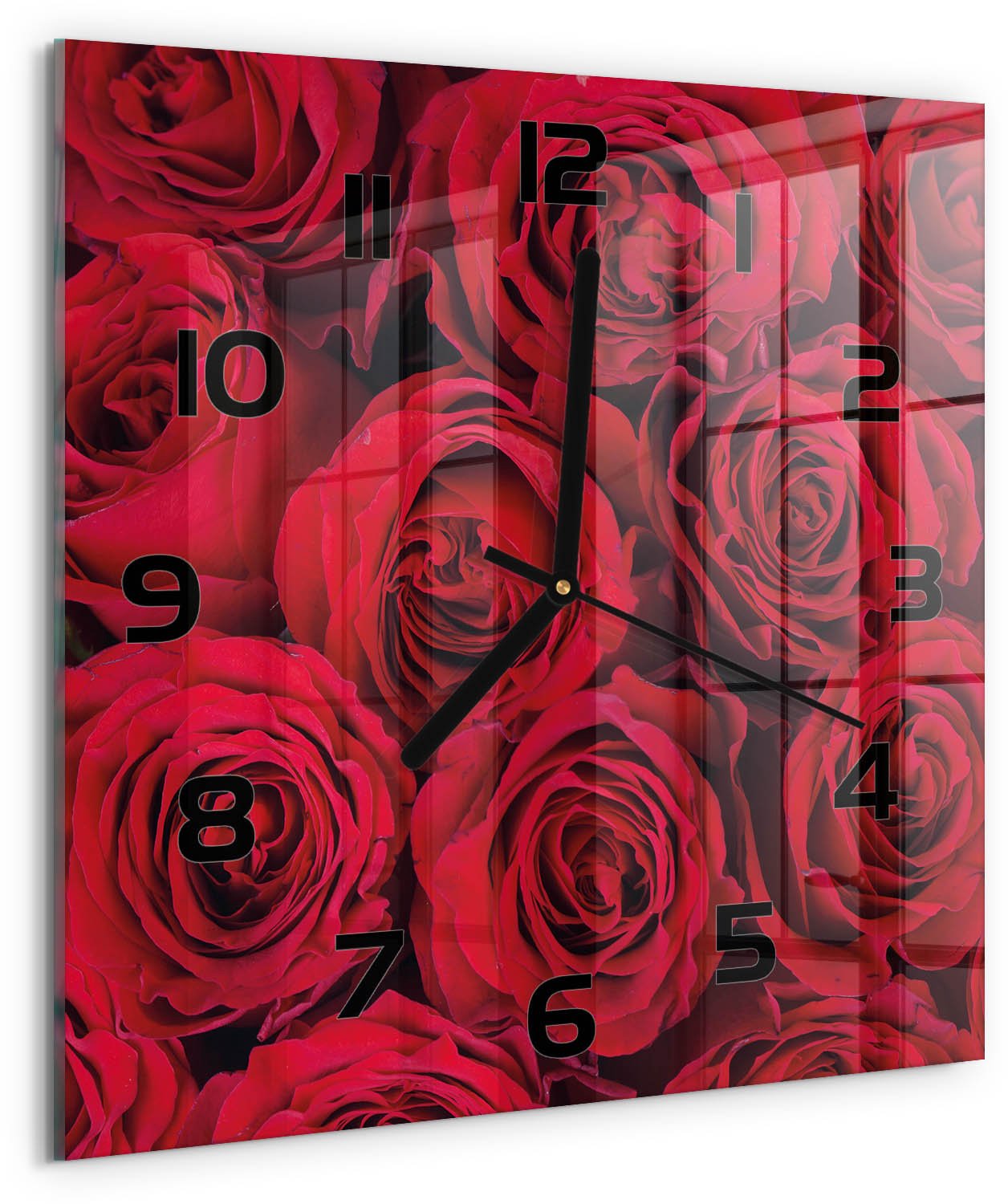 TULUP Wandklok - Rozen Gekleurde Glazen Klok - 30x30 cm - Rood Glazen Klok Met Print - Zwarte handen - Vierkante Klok - Moderne Wandklok Glas - Wandklok Glas Decoratie