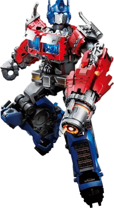 Grijze, rode en blauwe Optimus Prime actiefiguur in dynamische pose, met zichtbare mechanische details en een wapen op zijn arm.