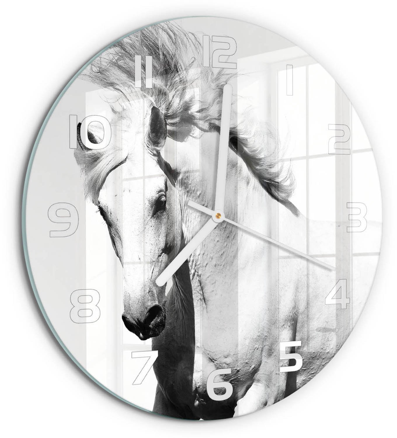 TULUP Wandklok - Wit Paard Glazen Wandklok Design - fi30 cm - Wit Klok Glas Met Opdruk - Witte handen - Ronde Klok - Wandklok Glas Met Motief - Decoratieve Glazen Klok