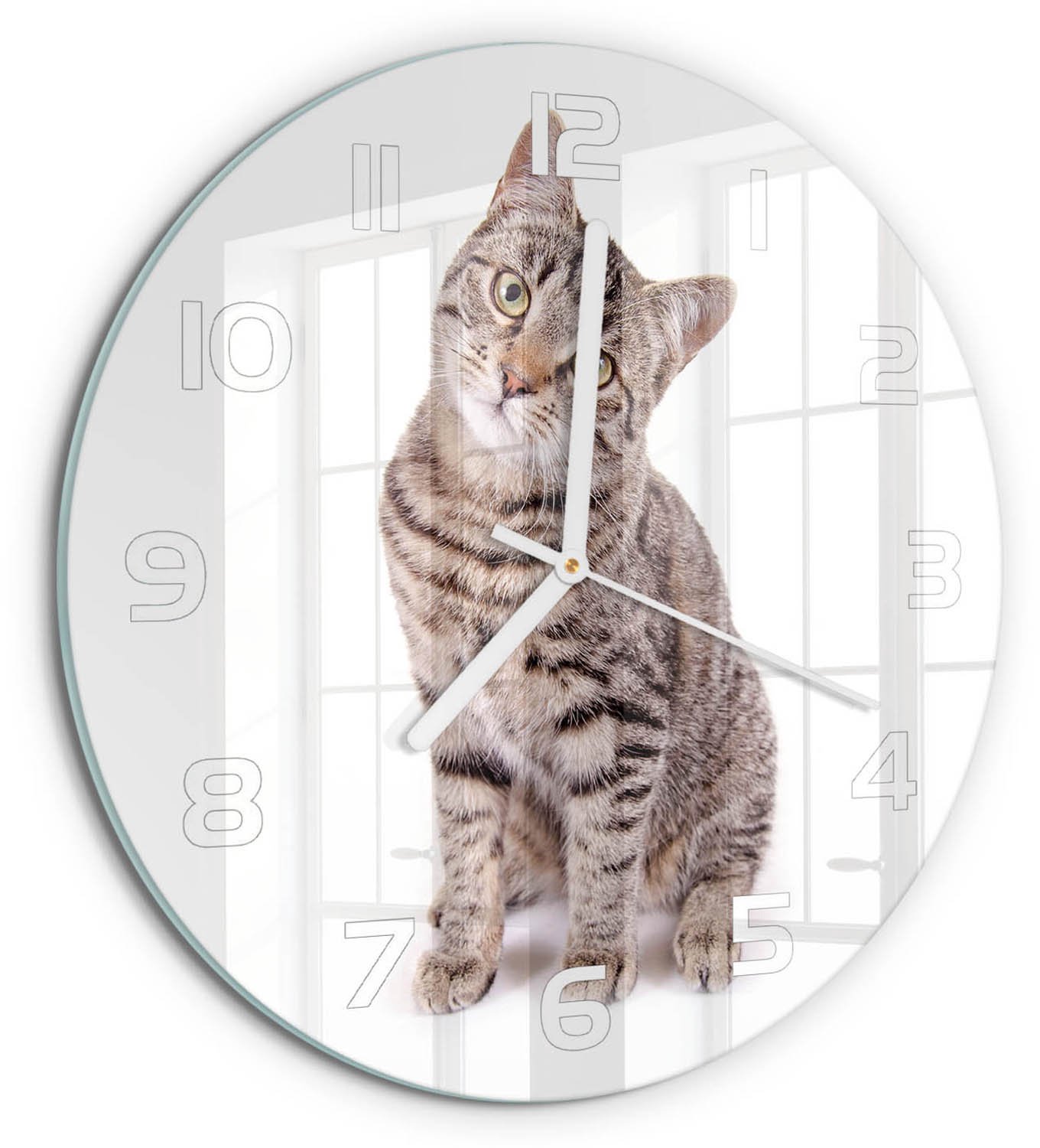 TULUP Wandklok - Kat Glazen Wandklok Design - fi30 cm - Bruin Klok Glas Met Opdruk - Witte handen - Ronde Klok - Wandklok Glas Met Motief - Decoratieve Glazen Klok