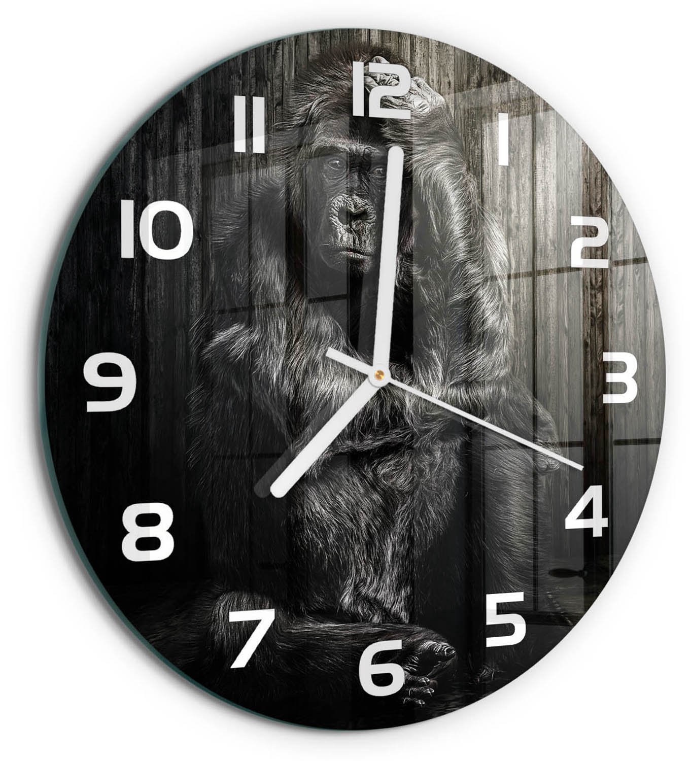 TULUP Wandklok - Gorilla Moderne Wandklok Glas - fi30 cm - Zwart Wandklok Glas Decoratie - Witte handen - Ronde Klok - Glazen Wandklok Design - Klok Glas Met Opdruk
