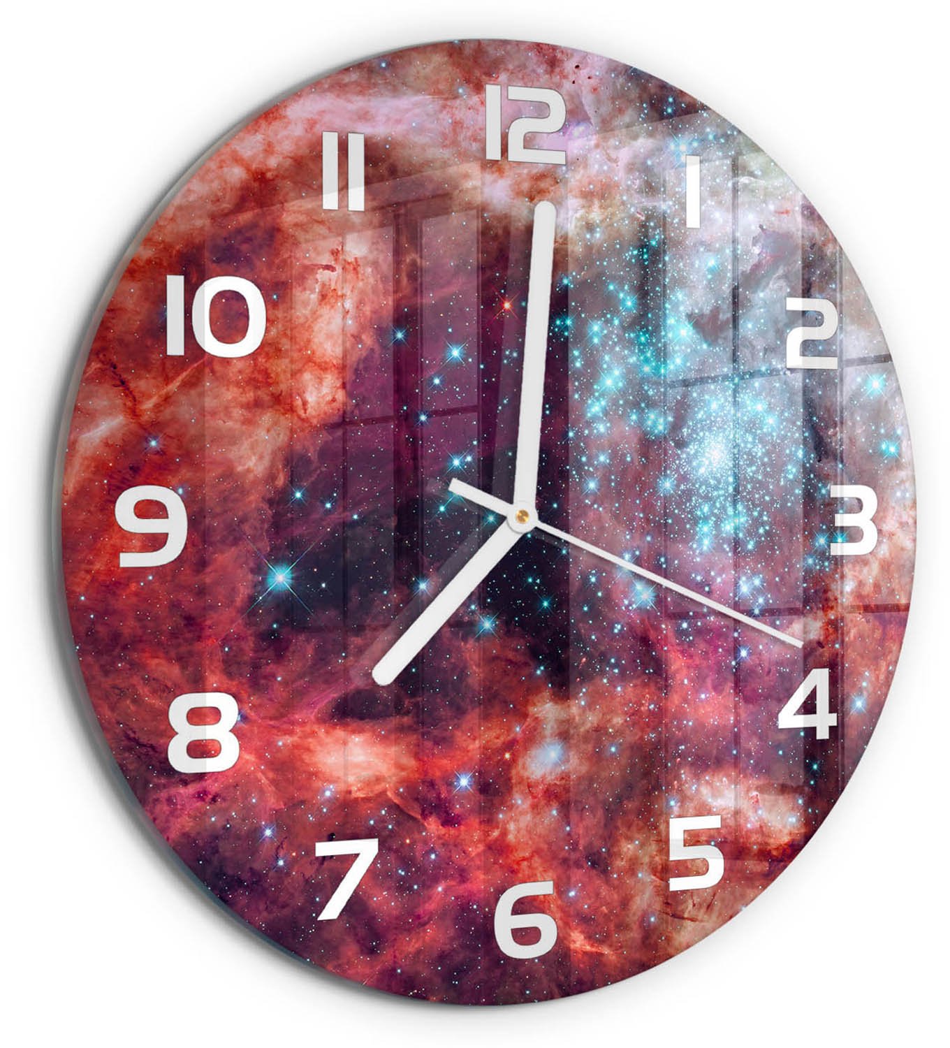 TULUP Wandklok - Magellaanse Wolk Gekleurde Glazen Klok - fi30 cm - Veelkleurig Glazen Klok Met Print - Witte handen - Ronde Klok - Moderne Wandklok Glas - Wandklok Glas Decoratie