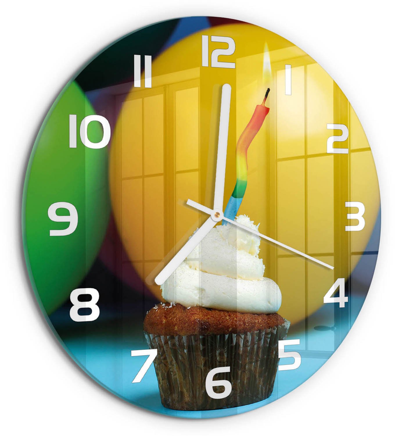 TULUP Wandklok - Verjaardagscupcake Wandklok Glas Met Motief - fi30 cm - Veelkleurig Decoratieve Glazen Klok - Witte handen - Ronde Klok - Gekleurde Glazen Klok - Glazen Klok Met Print