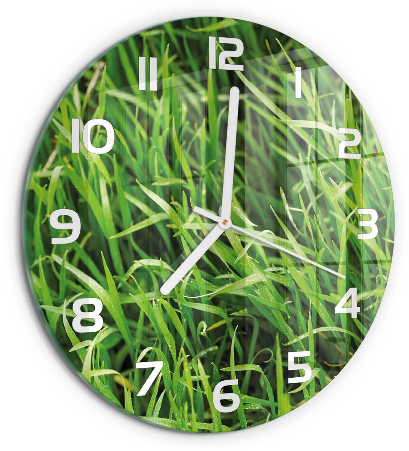 TULUP Wandklok - Gras Decoratieve Glazen Klok - fi30 cm - Groente Glazen Wandklok Design - Witte handen - Ronde Klok - Glazen Klok Met Print - Wandklok Glas Met Motief