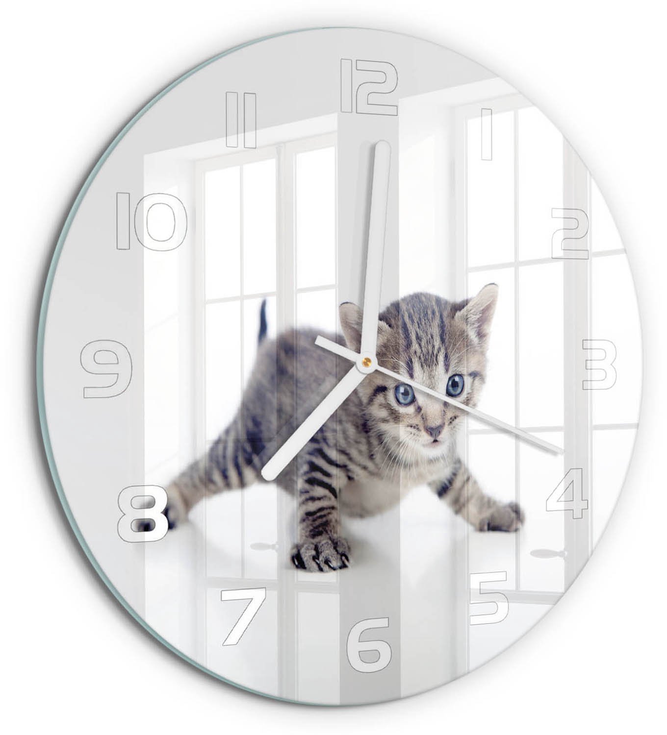 TULUP Wandklok - Kleine kat Gekleurde Glazen Klok - fi30 cm - Grijs Glazen Klok Met Print - Witte handen - Ronde Klok - Moderne Wandklok Glas - Wandklok Glas Decoratie