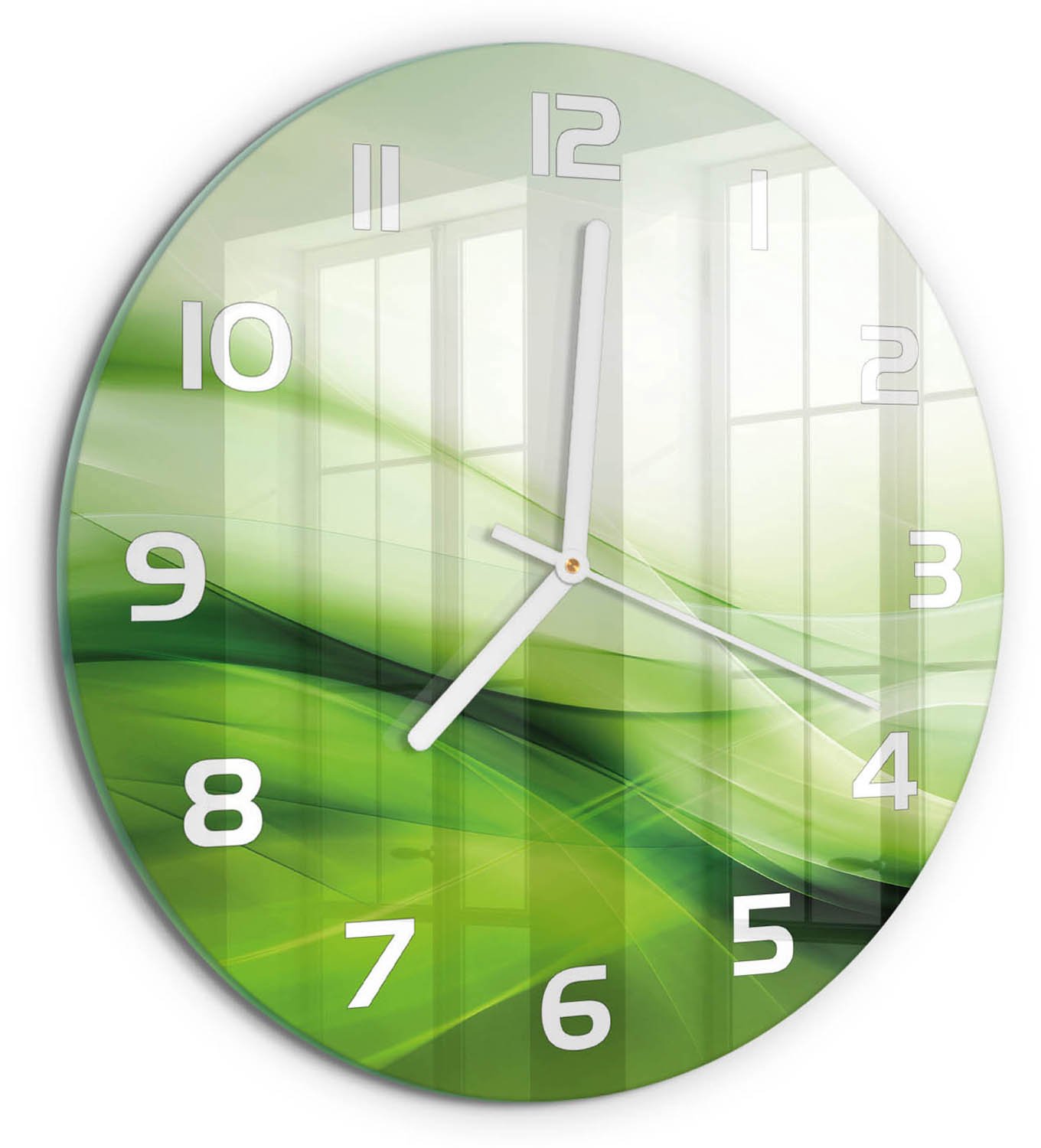 TULUP Wandklok - Groene golven achtergrond Moderne Wandklok Glas - fi30 cm - Groente Wandklok Glas Decoratie - Witte handen - Ronde Klok - Glazen Wandklok Design - Klok Glas Met Opdruk
