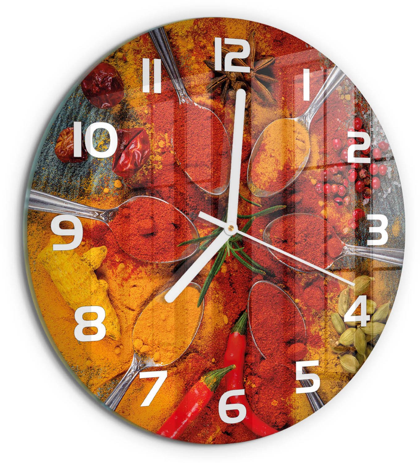 TULUP Wandklok - Specerijen Glazen Klok Met Print - fi30 cm - Rood Wandklok Glas Met Motief - Witte handen - Ronde Klok - Wandklok Glas Decoratie - Gekleurde Glazen Klok