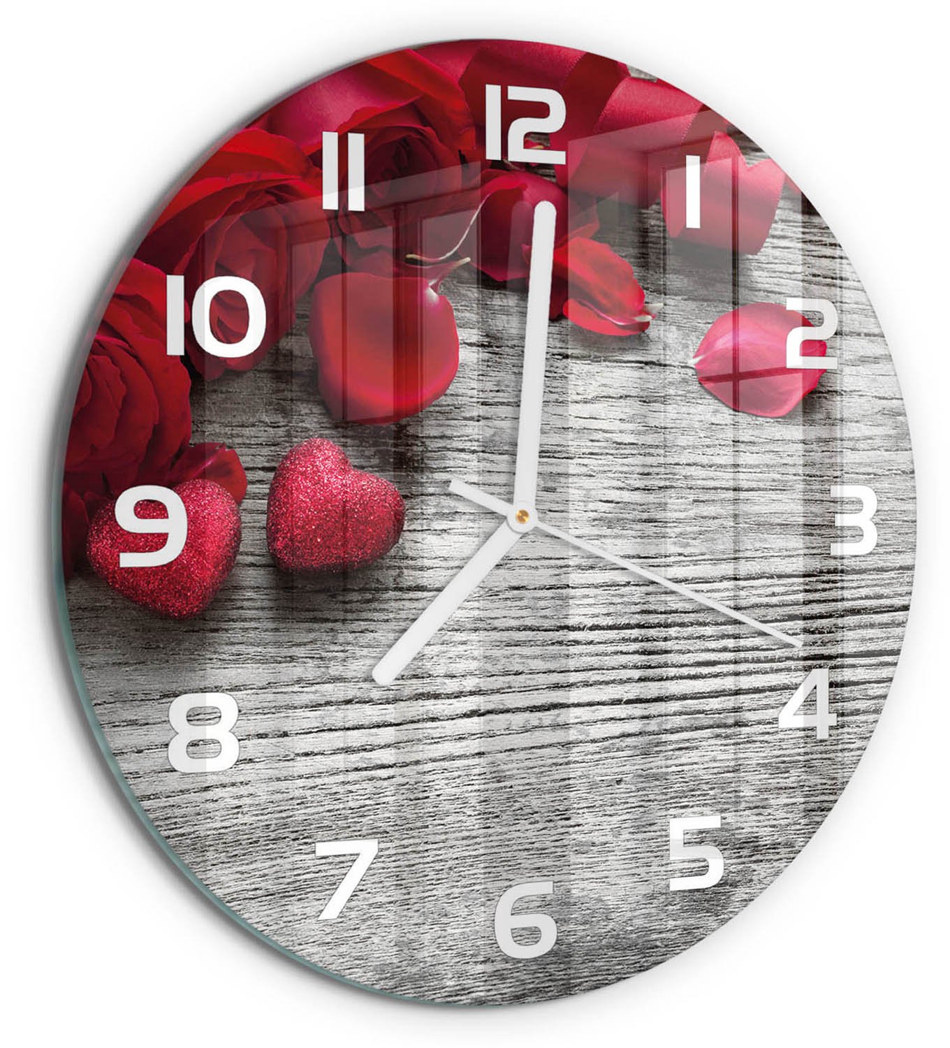 TULUP Wandklok - Rode rozen Klok Glas Met Opdruk - fi30 cm - Rood Moderne Wandklok Glas - Witte handen - Ronde Klok - Decoratieve Glazen Klok - Glazen Wandklok Design