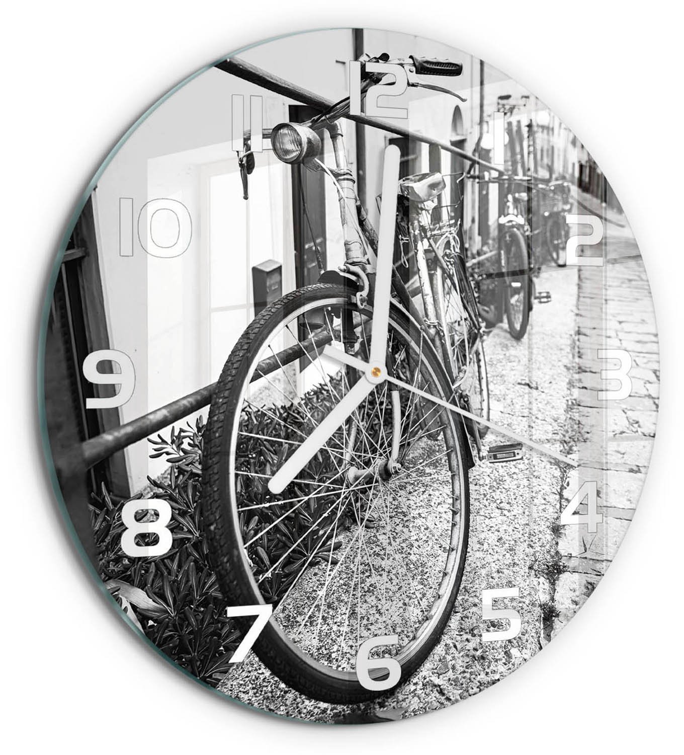 TULUP Wandklok - Stadsfietsen Decoratieve Glazen Klok - fi30 cm - Zwart-wit Glazen Wandklok Design - Witte handen - Ronde Klok - Glazen Klok Met Print - Wandklok Glas Met Motief
