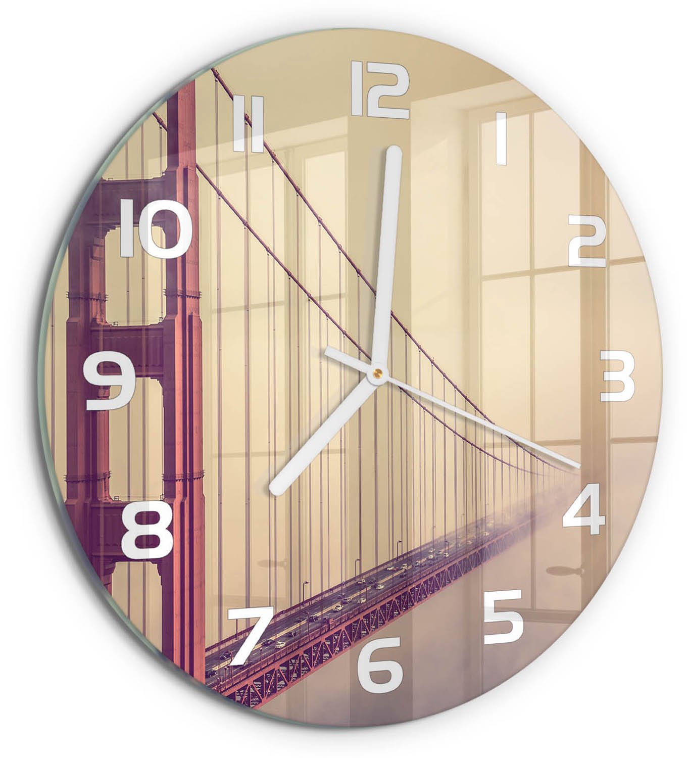 TULUP Wandklok - San Francisco-brug Klok Glas Met Opdruk - fi30 cm - Rood Moderne Wandklok Glas - Witte handen - Ronde Klok - Decoratieve Glazen Klok - Glazen Wandklok Design