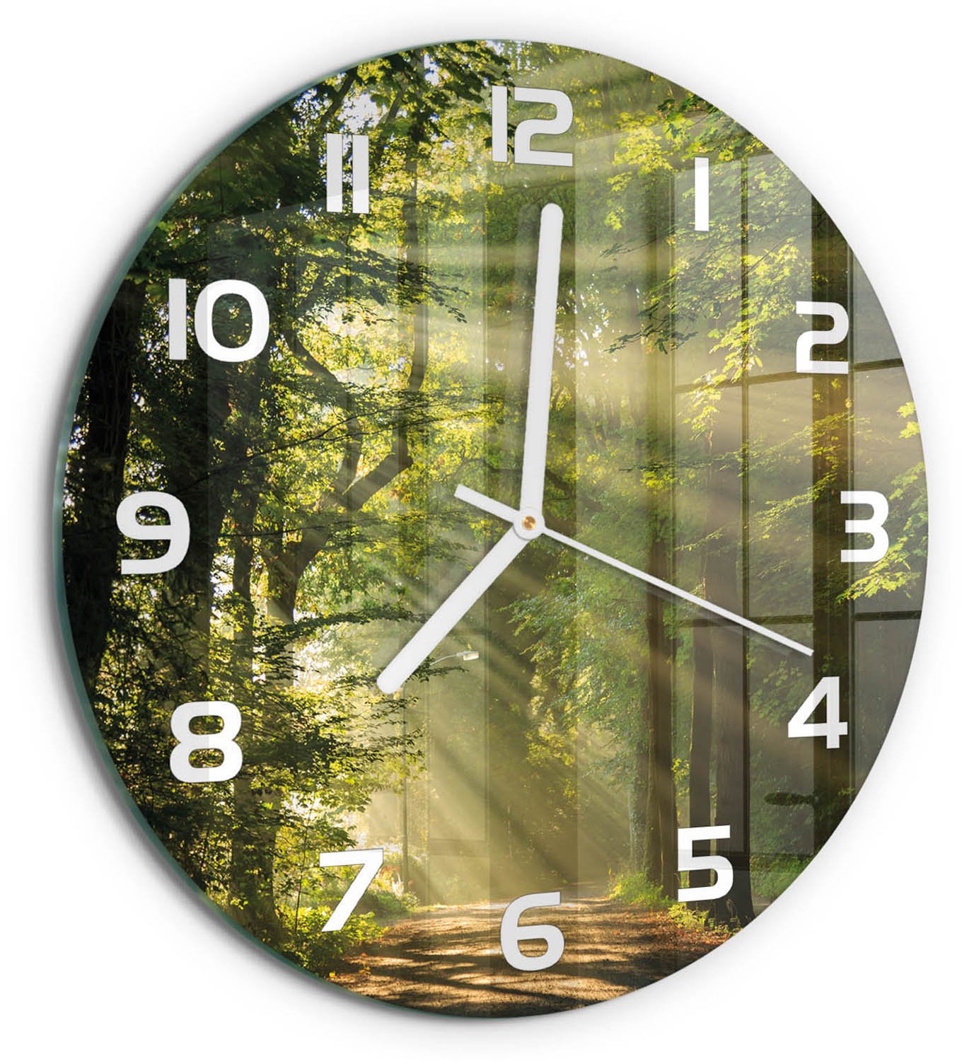 TULUP Wandklok - Bos in de zon Wandklok Glas Met Motief - fi30 cm - Groente Decoratieve Glazen Klok - Witte handen - Ronde Klok - Gekleurde Glazen Klok - Glazen Klok Met Print