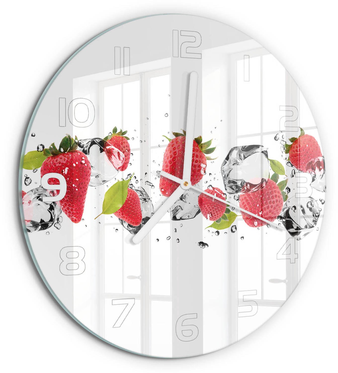 TULUP Wandklok - Aardbeien en water Glazen Wandklok Design - fi30 cm - Rood Klok Glas Met Opdruk - Witte handen - Ronde Klok - Wandklok Glas Met Motief - Decoratieve Glazen Klok