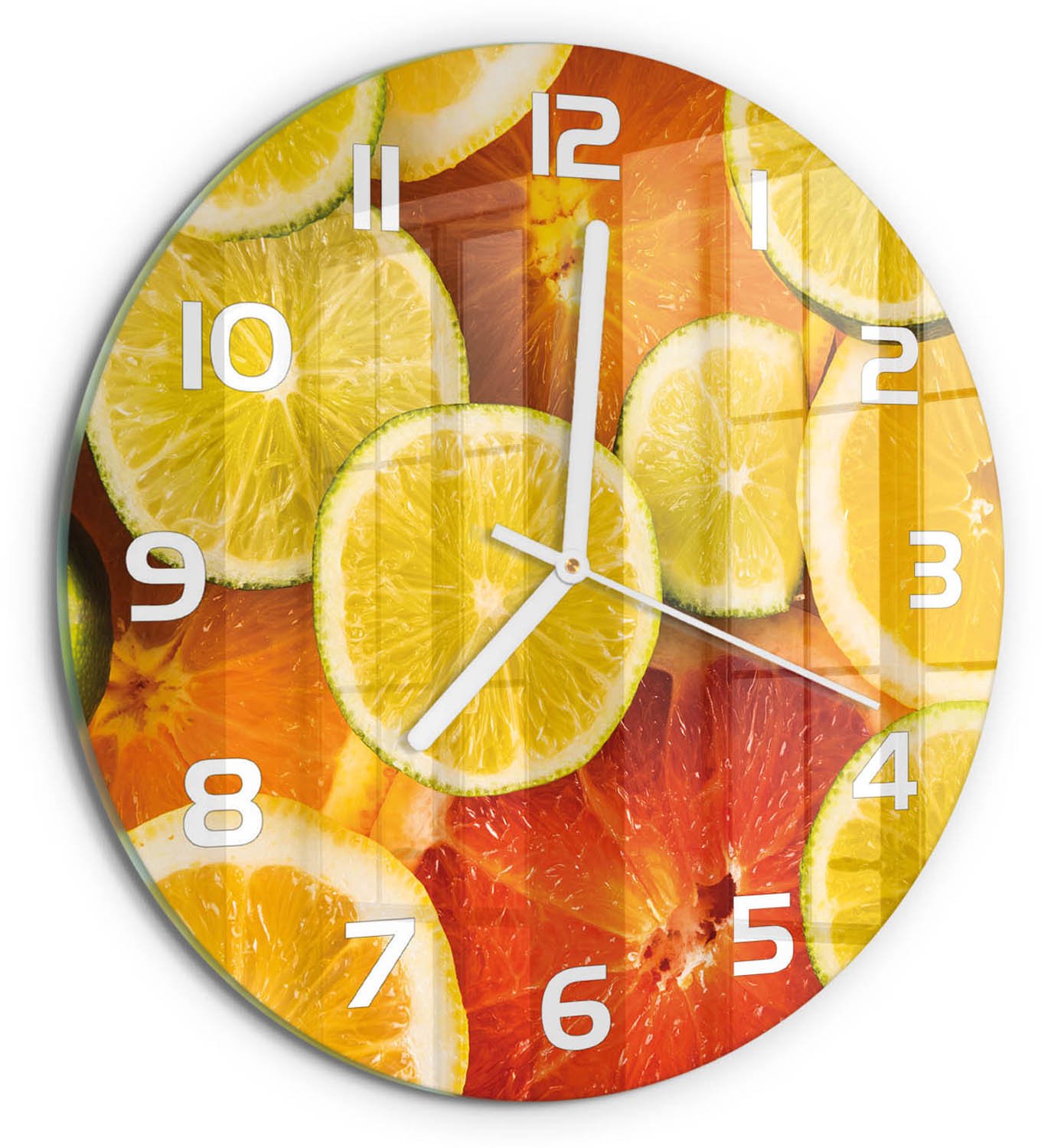 TULUP Wandklok - Citrusvruchten Klok Glas Met Opdruk - fi30 cm - Oranje Moderne Wandklok Glas - Witte handen - Ronde Klok - Decoratieve Glazen Klok - Glazen Wandklok Design