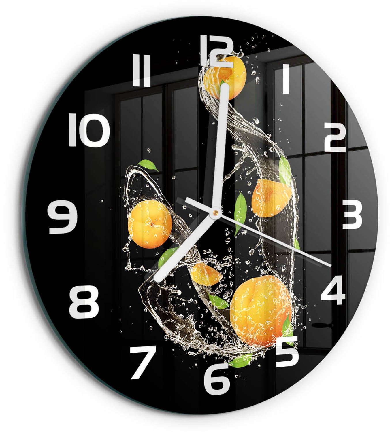 TULUP Wandklok - Abrikozen en water Moderne Wandklok Glas - fi30 cm - Oranje Wandklok Glas Decoratie - Witte handen - Ronde Klok - Glazen Wandklok Design - Klok Glas Met Opdruk