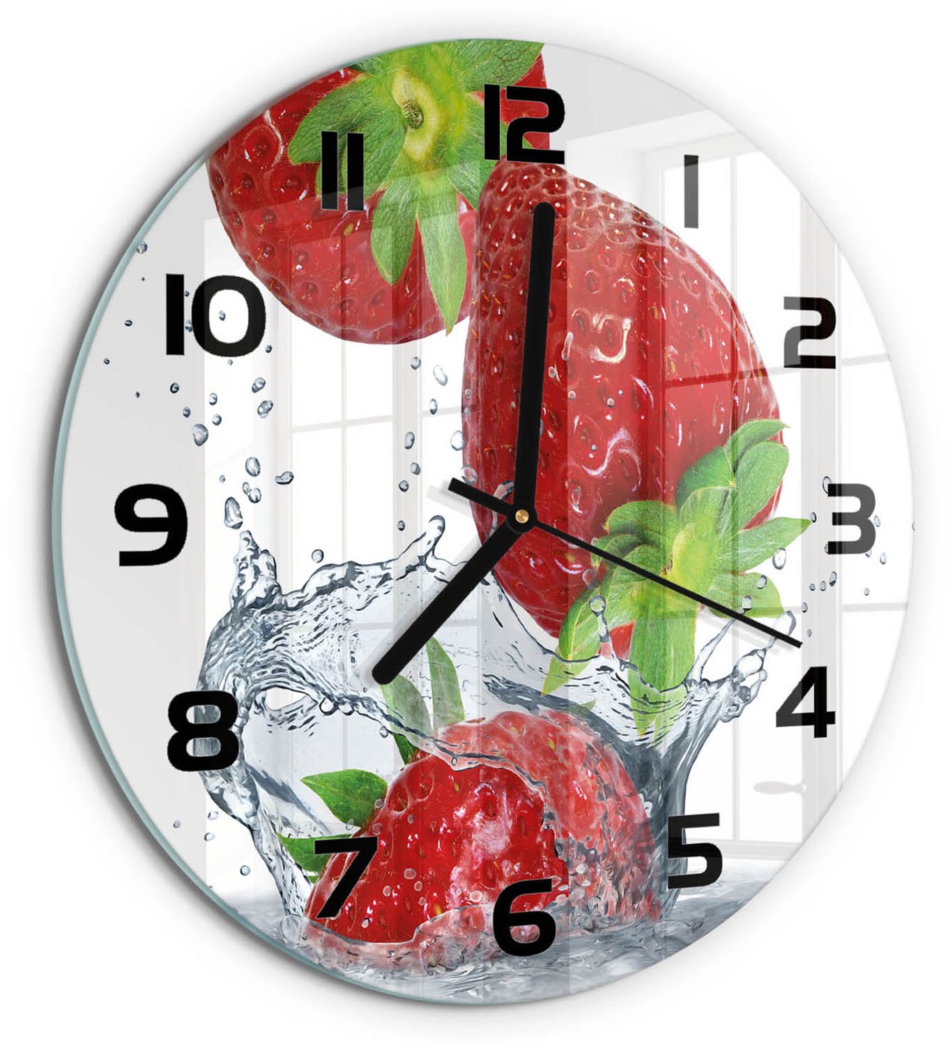 TULUP Wandklok - Aardbeien en water Wandklok Glas Met Motief - fi30 cm - Rood Decoratieve Glazen Klok - Zwarte handen - Ronde Klok - Gekleurde Glazen Klok - Glazen Klok Met Print