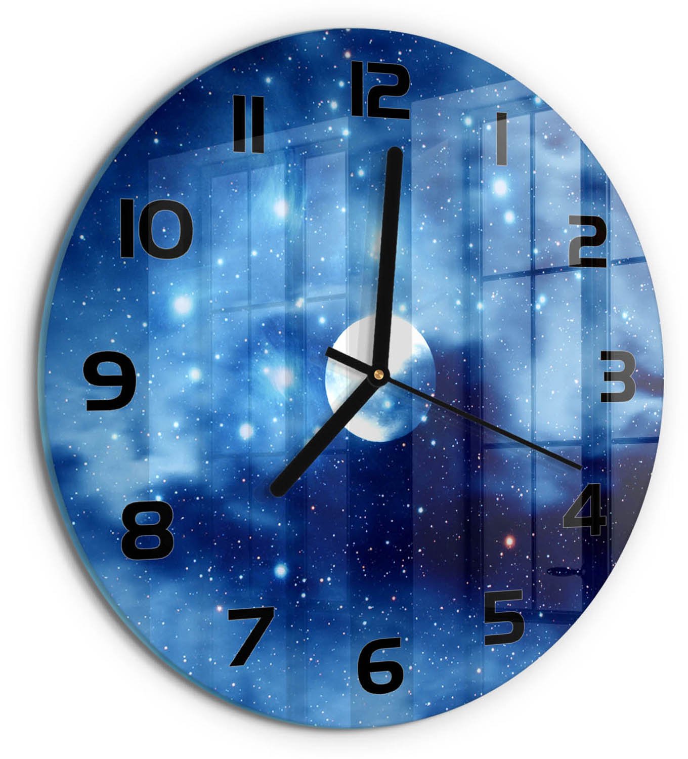 TULUP Wandklok - Volle maan Glazen Wandklok Design - fi30 cm - Blauw Klok Glas Met Opdruk - Zwarte handen - Ronde Klok - Wandklok Glas Met Motief - Decoratieve Glazen Klok