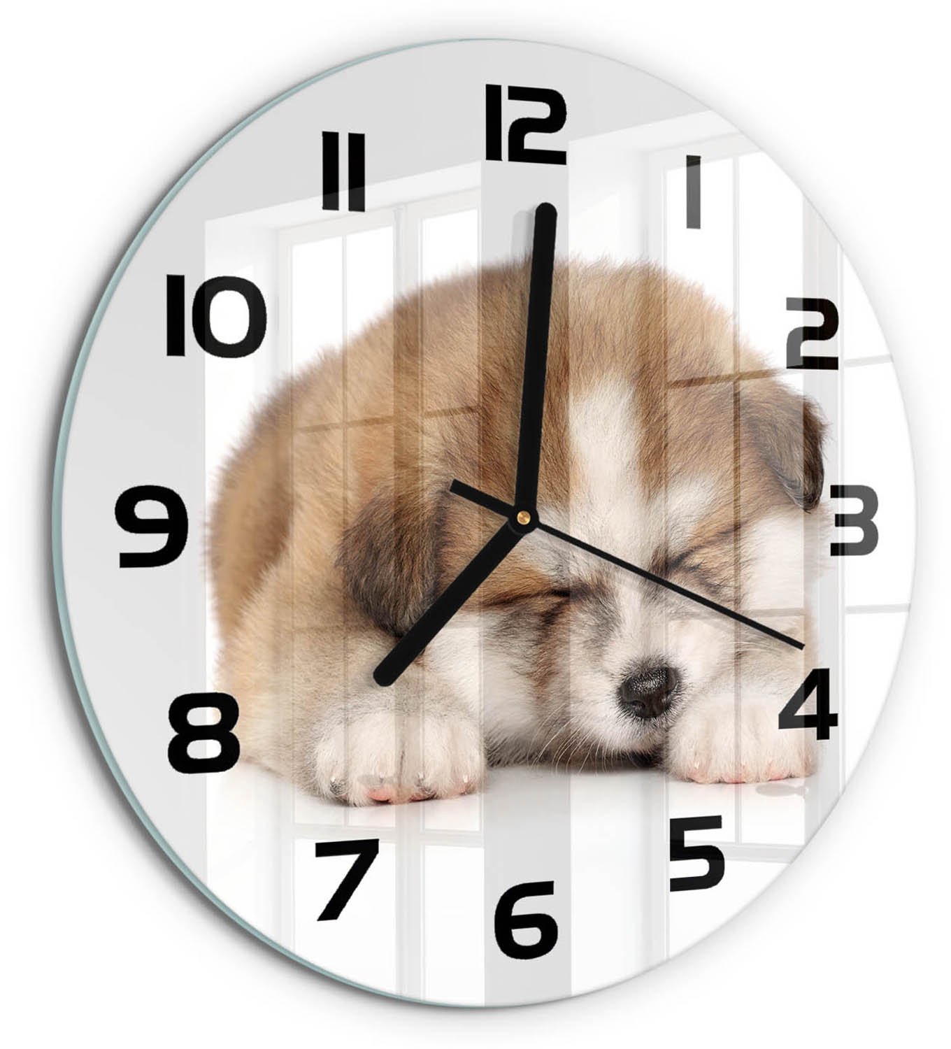 TULUP Wandklok - Akita-puppy Gekleurde Glazen Klok - fi30 cm - Oranje Glazen Klok Met Print - Zwarte handen - Ronde Klok - Moderne Wandklok Glas - Wandklok Glas Decoratie