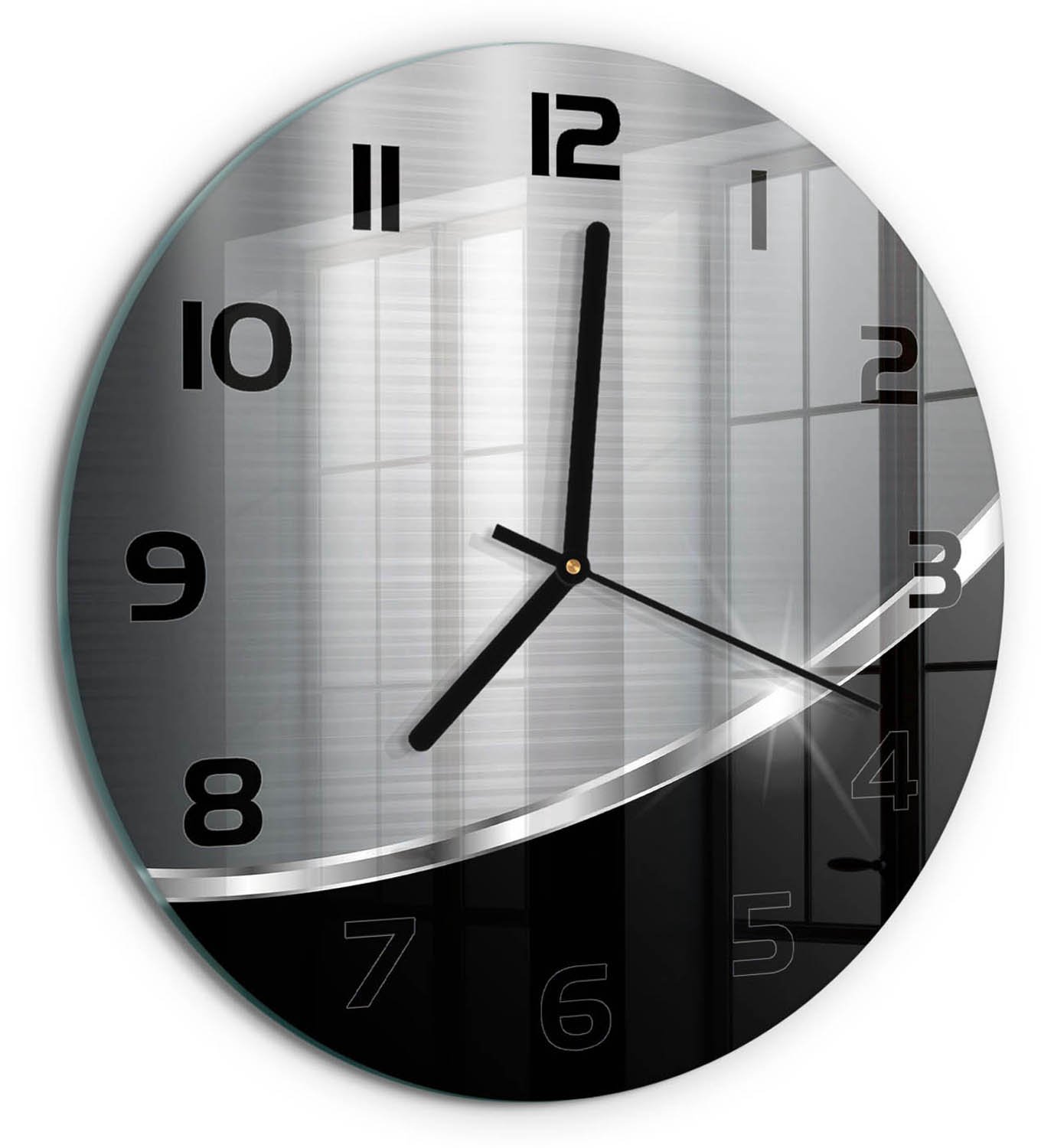 TULUP Wandklok - Metaalabstractie Wandklok Glas Met Motief - fi30 cm - Zilver Decoratieve Glazen Klok - Zwarte handen - Ronde Klok - Gekleurde Glazen Klok - Glazen Klok Met Print