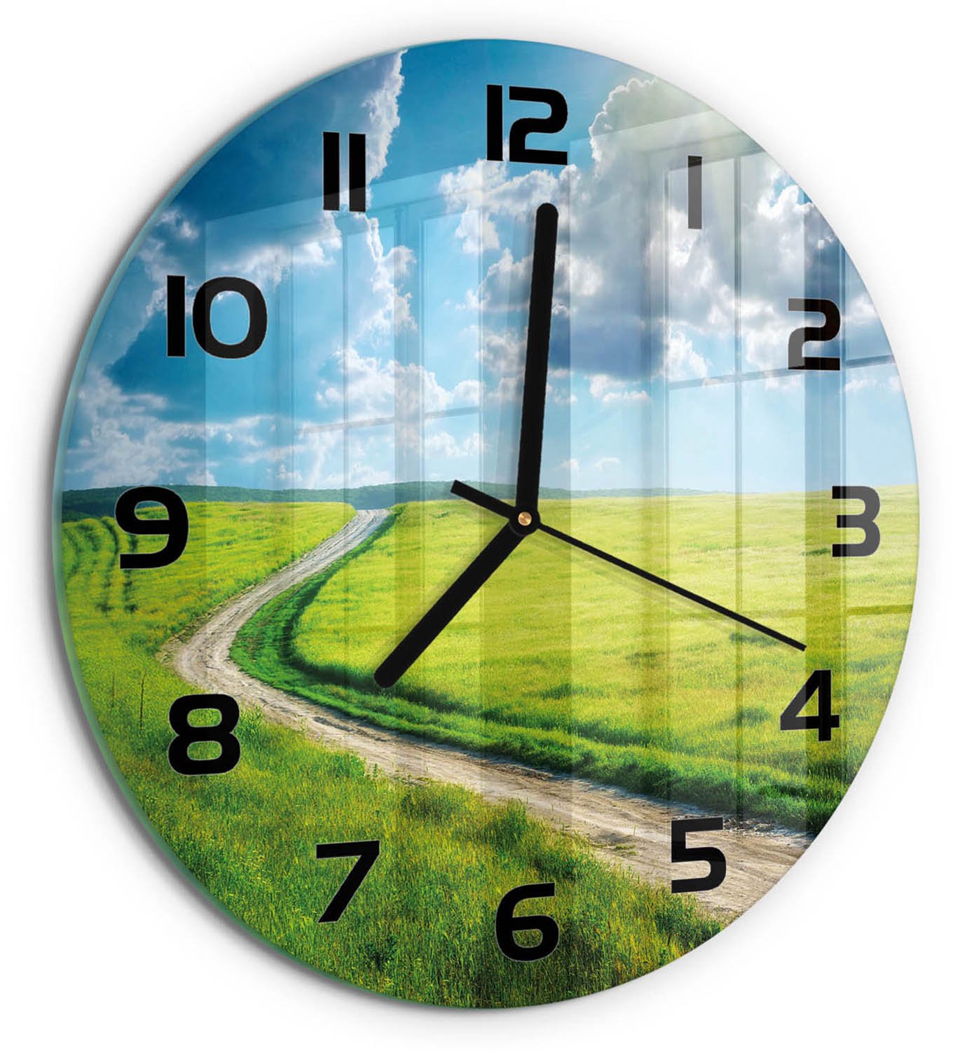 TULUP Wandklok - Pad in de weide Decoratieve Glazen Klok - fi30 cm - Groente Glazen Wandklok Design - Zwarte handen - Ronde Klok - Glazen Klok Met Print - Wandklok Glas Met Motief