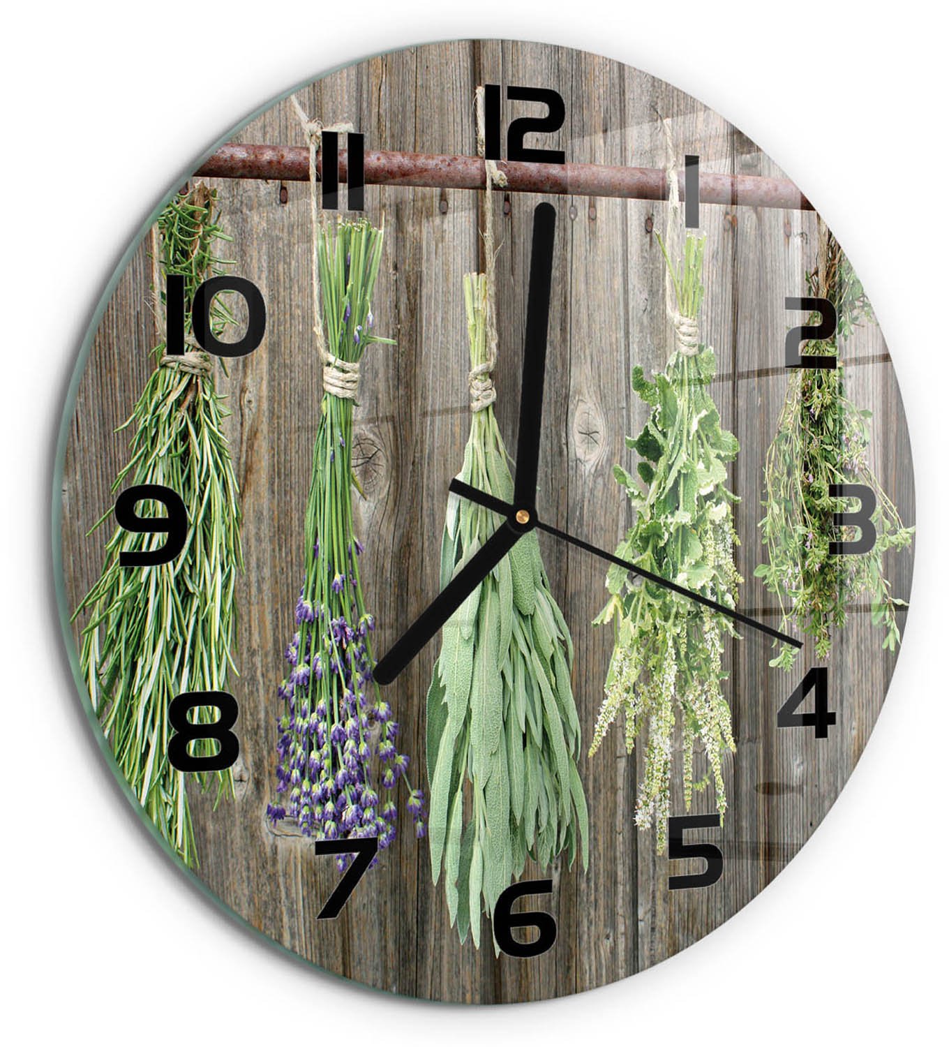 TULUP Wandklok - Kruiden aan een touwtje Glazen Wandklok Design - fi30 cm - Groente Klok Glas Met Opdruk - Zwarte handen - Ronde Klok - Wandklok Glas Met Motief - Decoratieve Glazen Klok